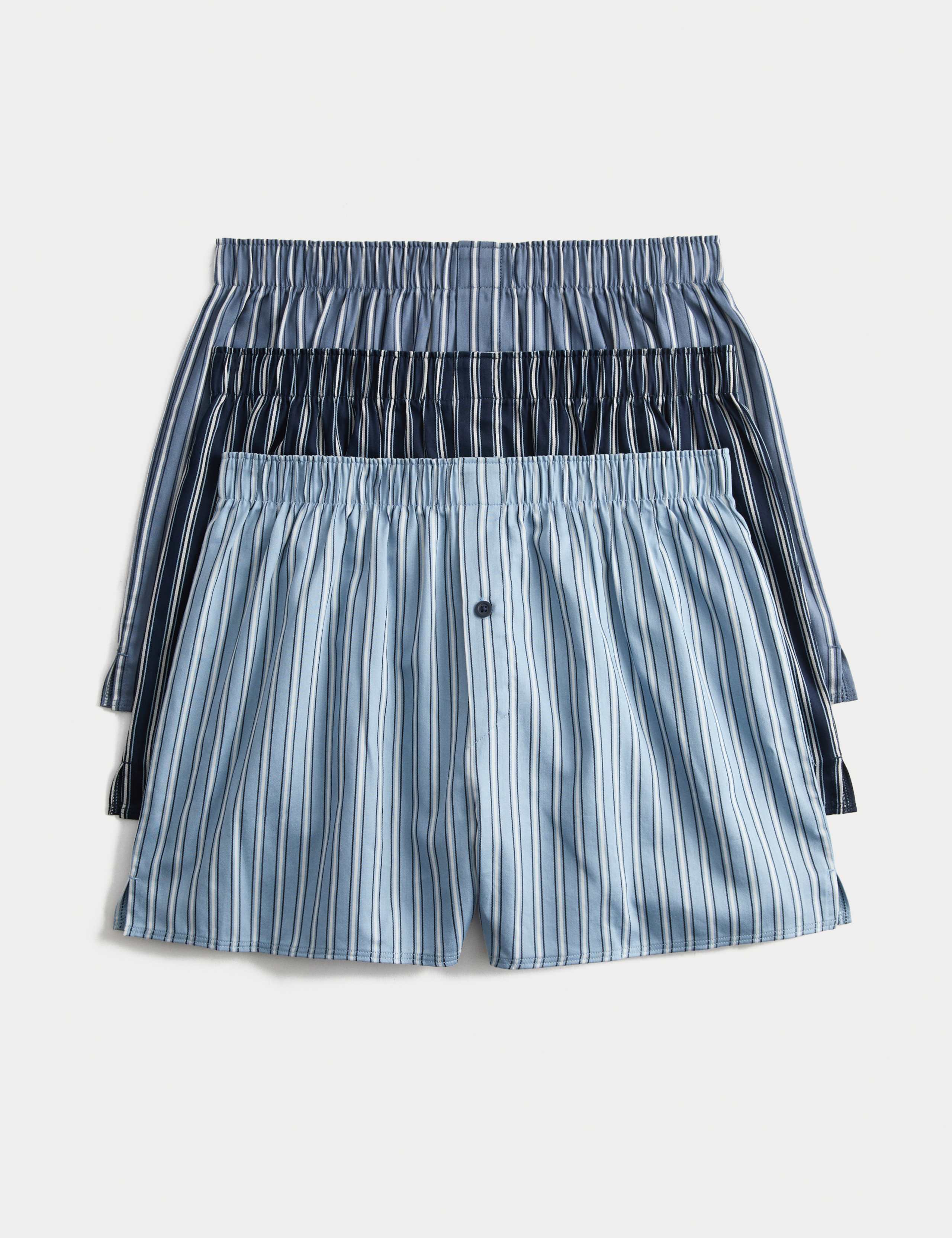 3 Pack Pure Cotton StayNew™ Striped Woven Boxers 1 of 2