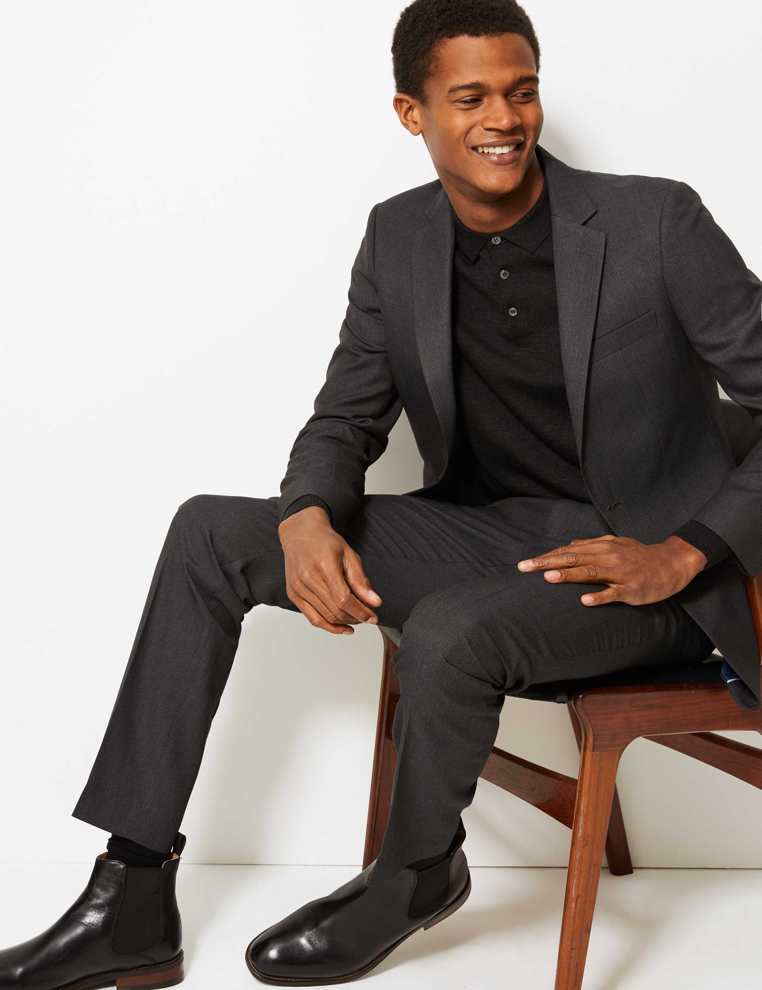 Charcoal Textured Slim Fit Suit Trousers 1 of 5