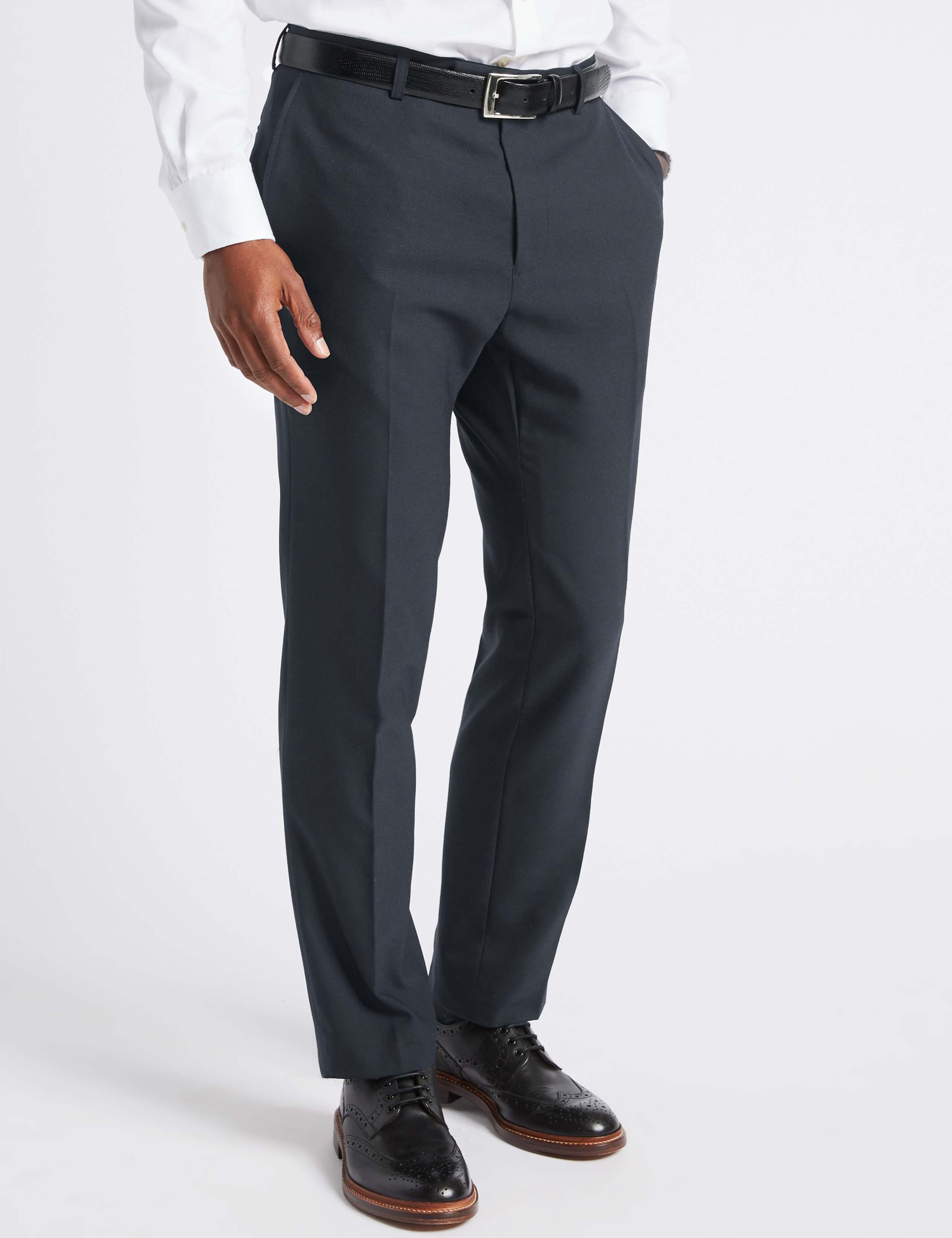 Navy Textured Slim Fit Trousers 1 of 4
