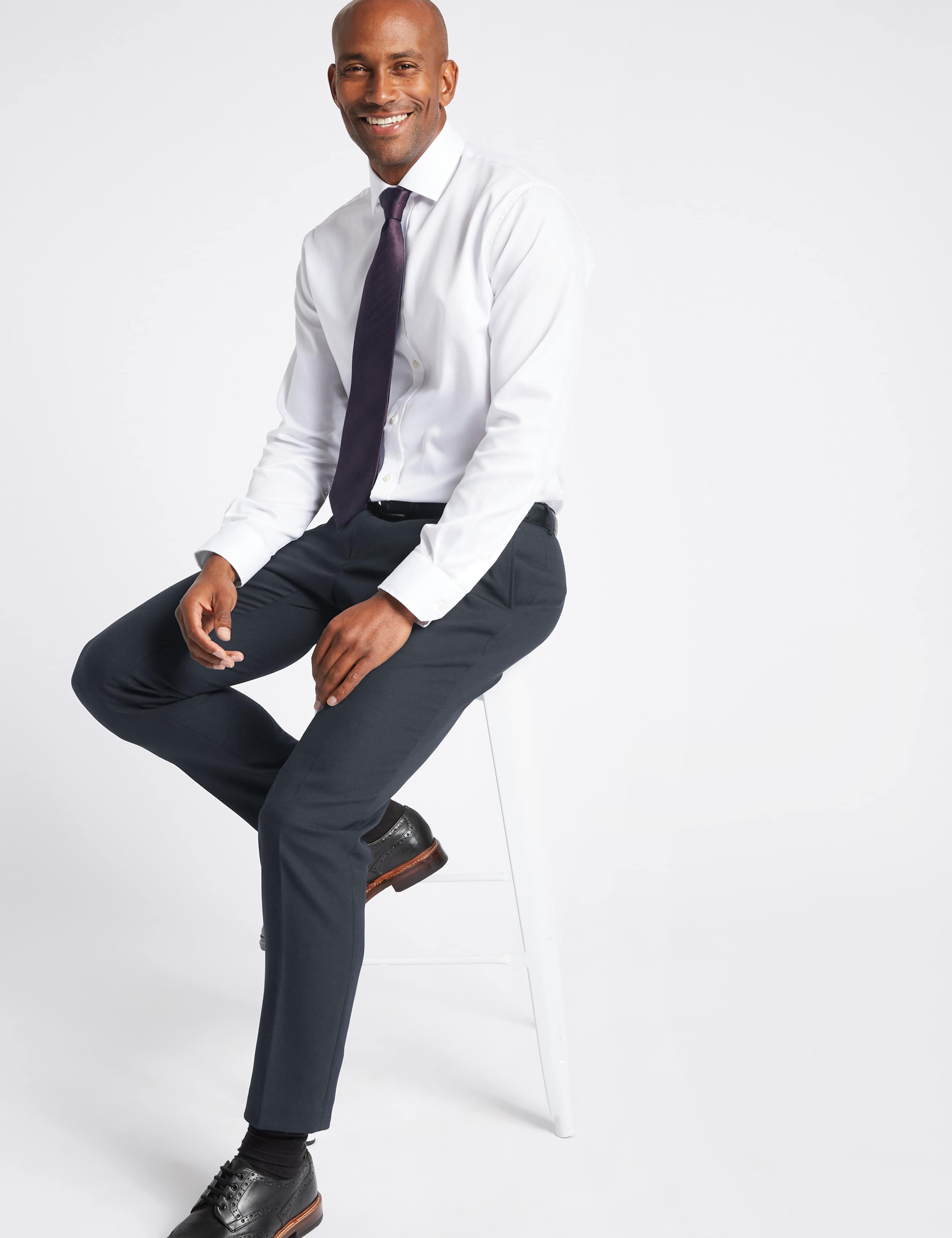 Navy Textured Slim Fit Trousers 2 of 4