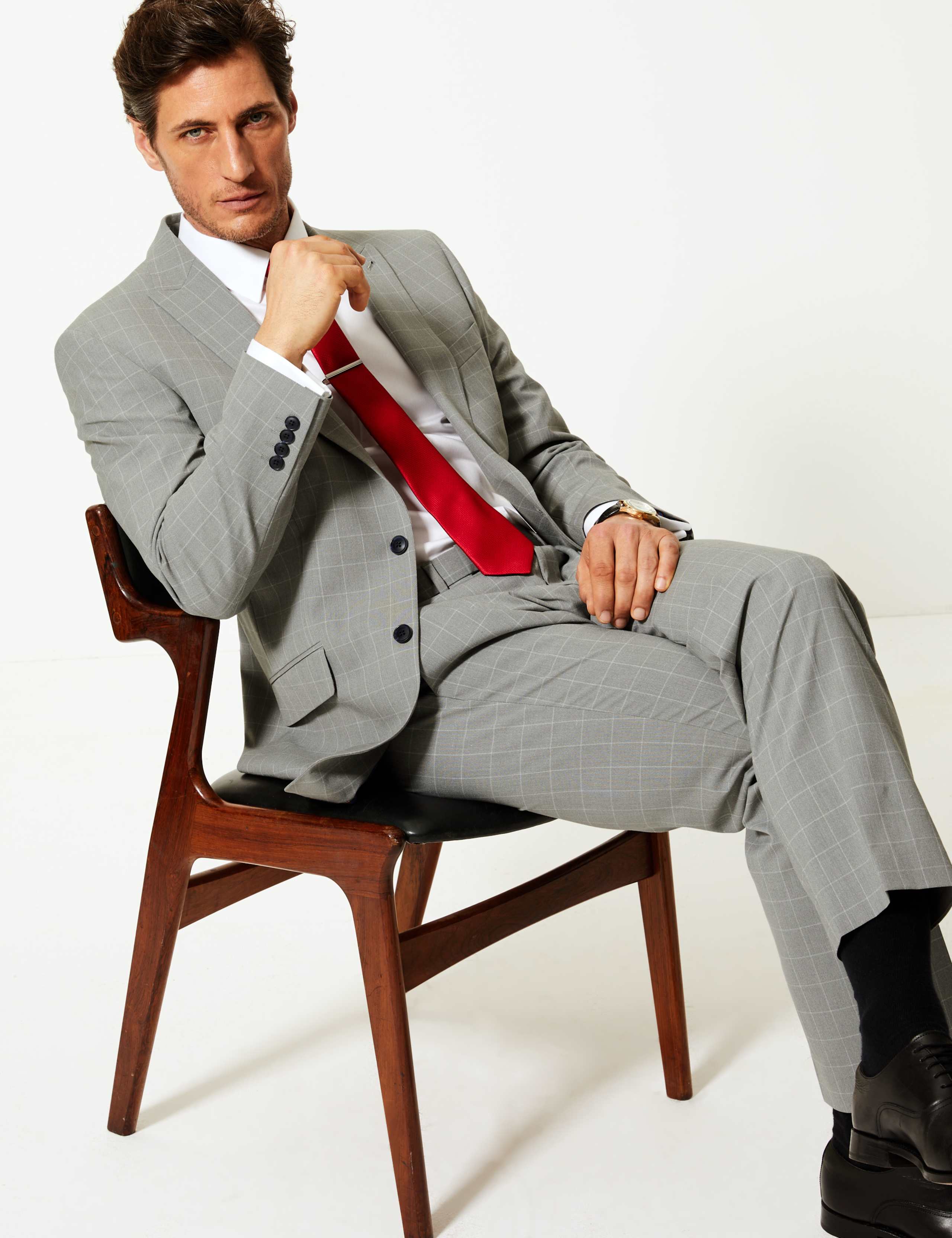 Grey Checked Regular Fit Jacket with Stretch 1 of 6