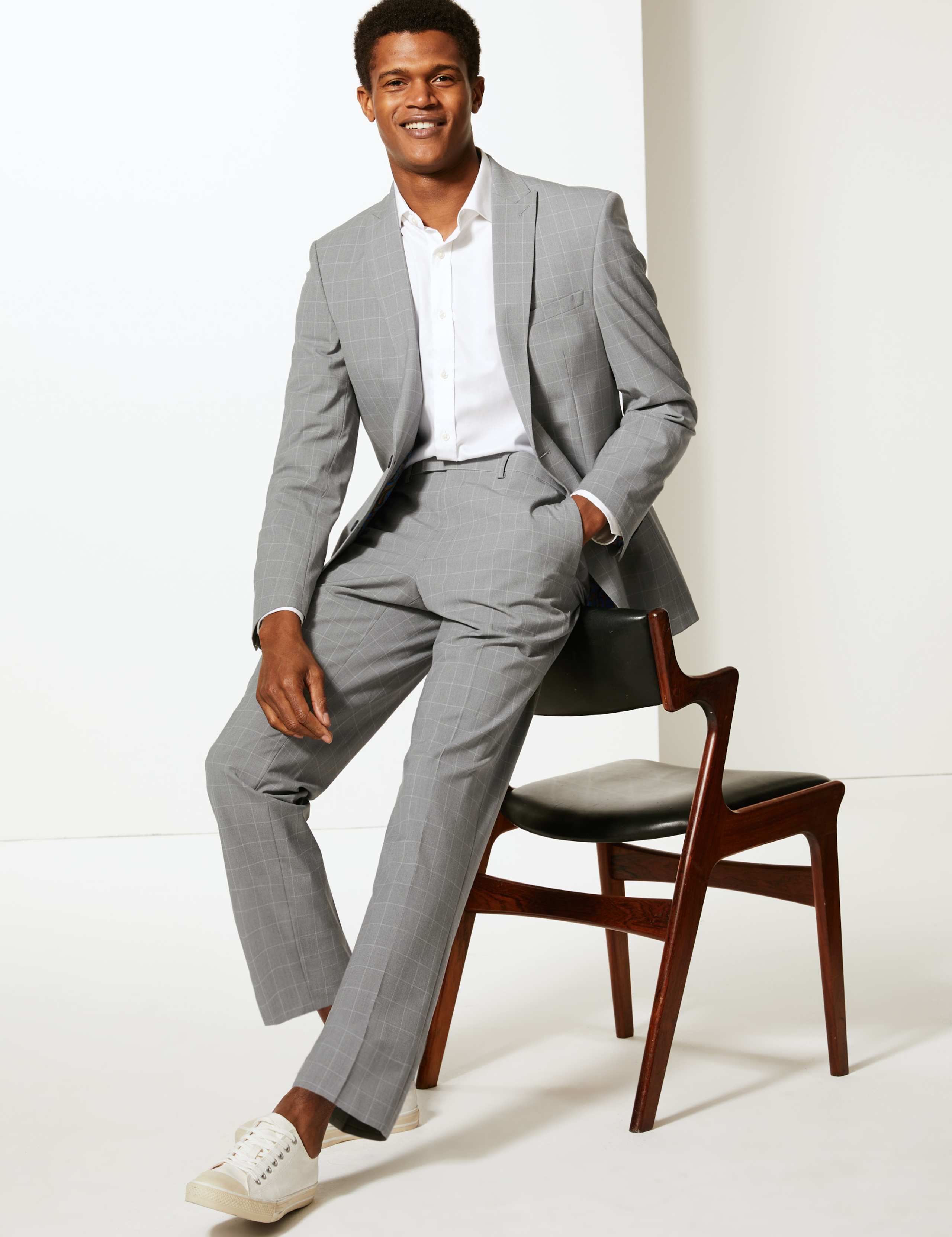 Grey Checked Slim Fit Jacket with Stretch 1 of 7