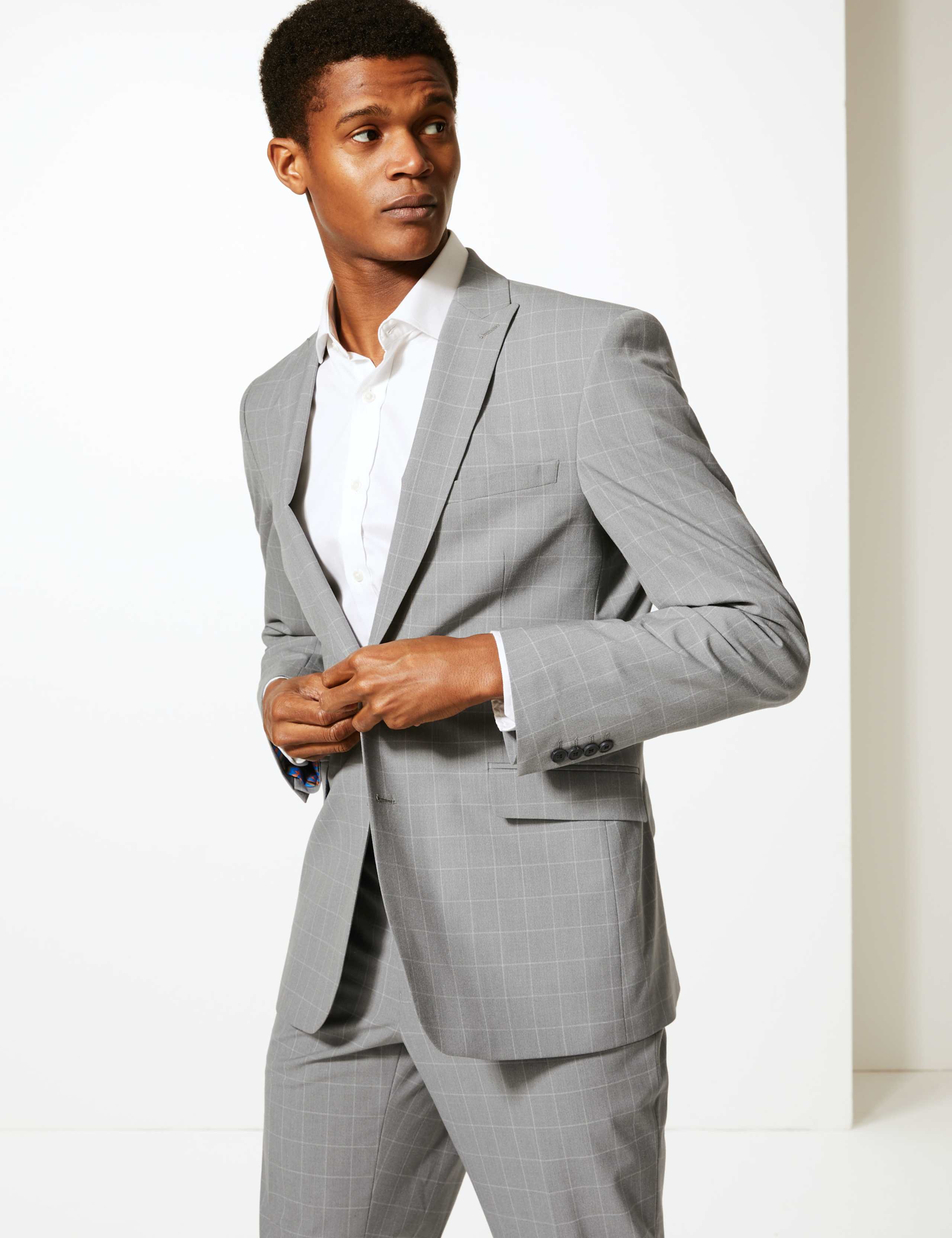 Grey Checked Slim Fit Jacket with Stretch 3 of 7