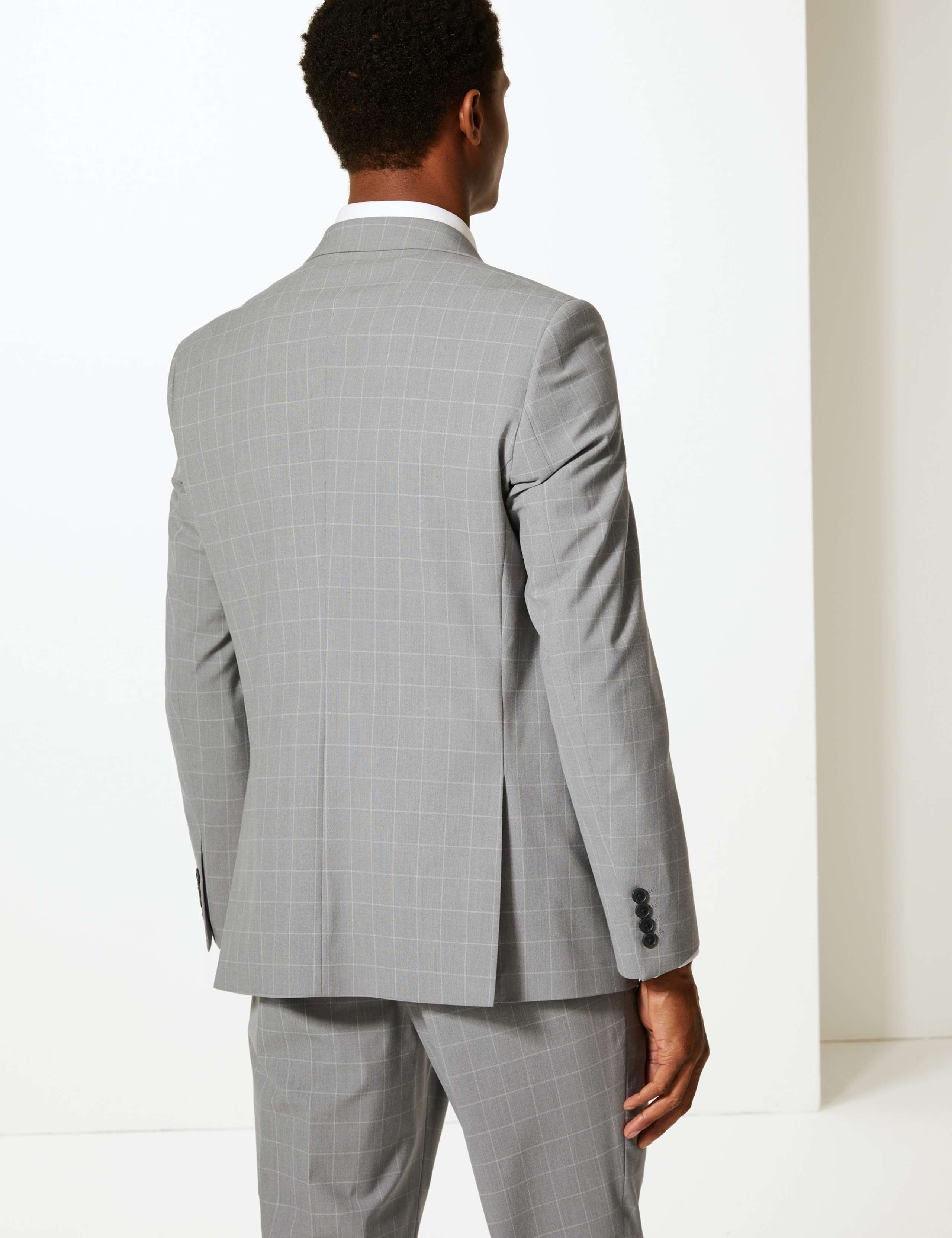 Grey Checked Slim Fit Jacket with Stretch 4 of 7