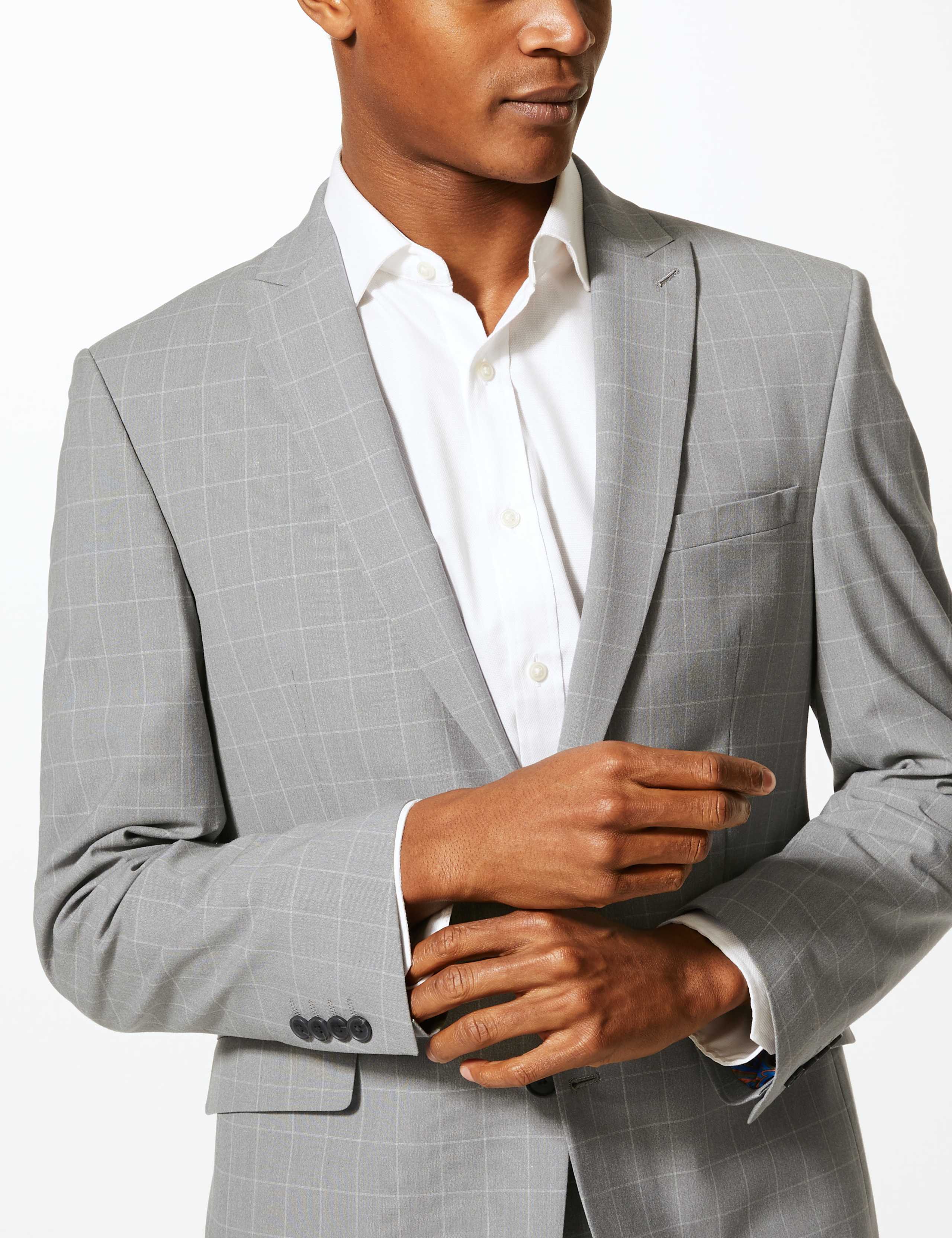 Grey Checked Slim Fit Jacket with Stretch 5 of 7