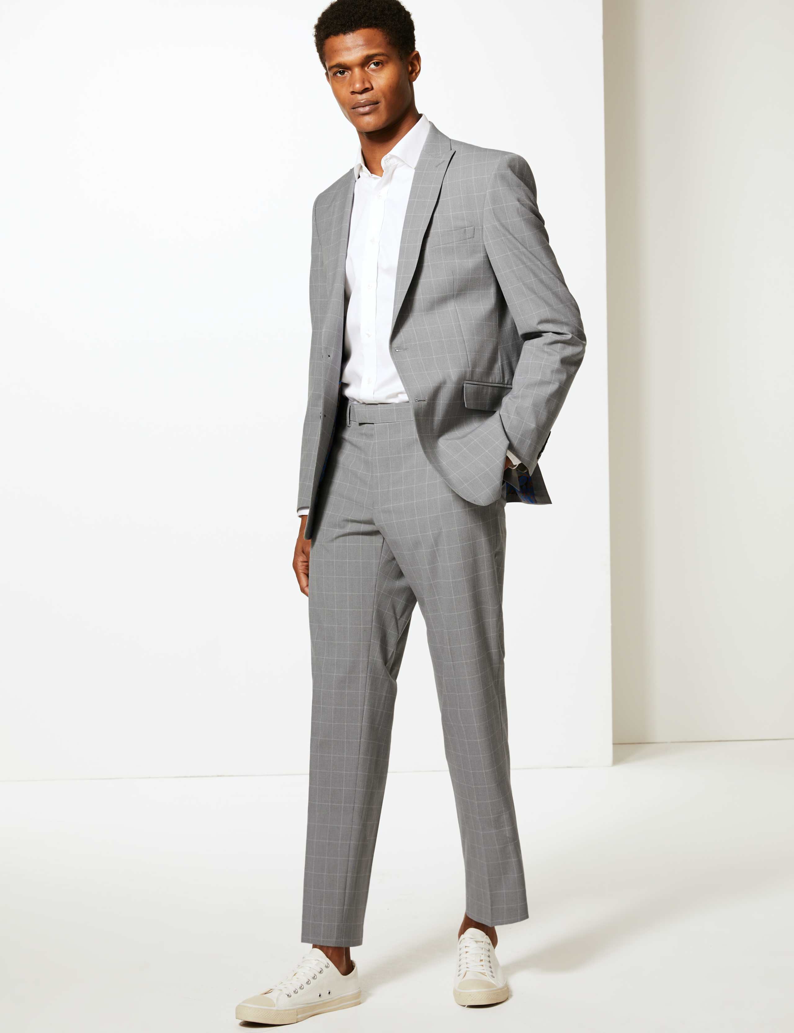 Grey Checked Slim Fit Jacket with Stretch 7 of 7