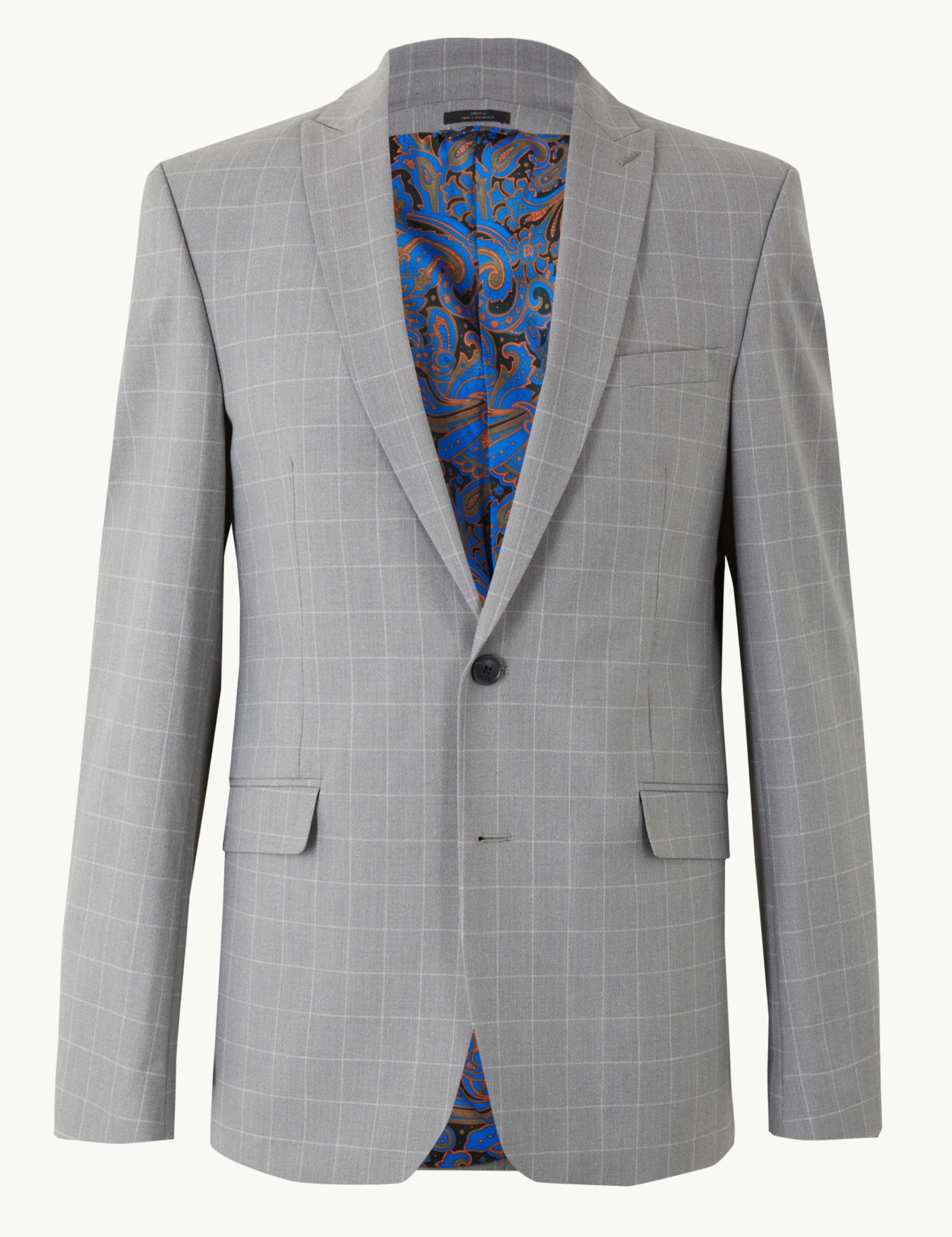Grey Checked Slim Fit Jacket with Stretch 2 of 7