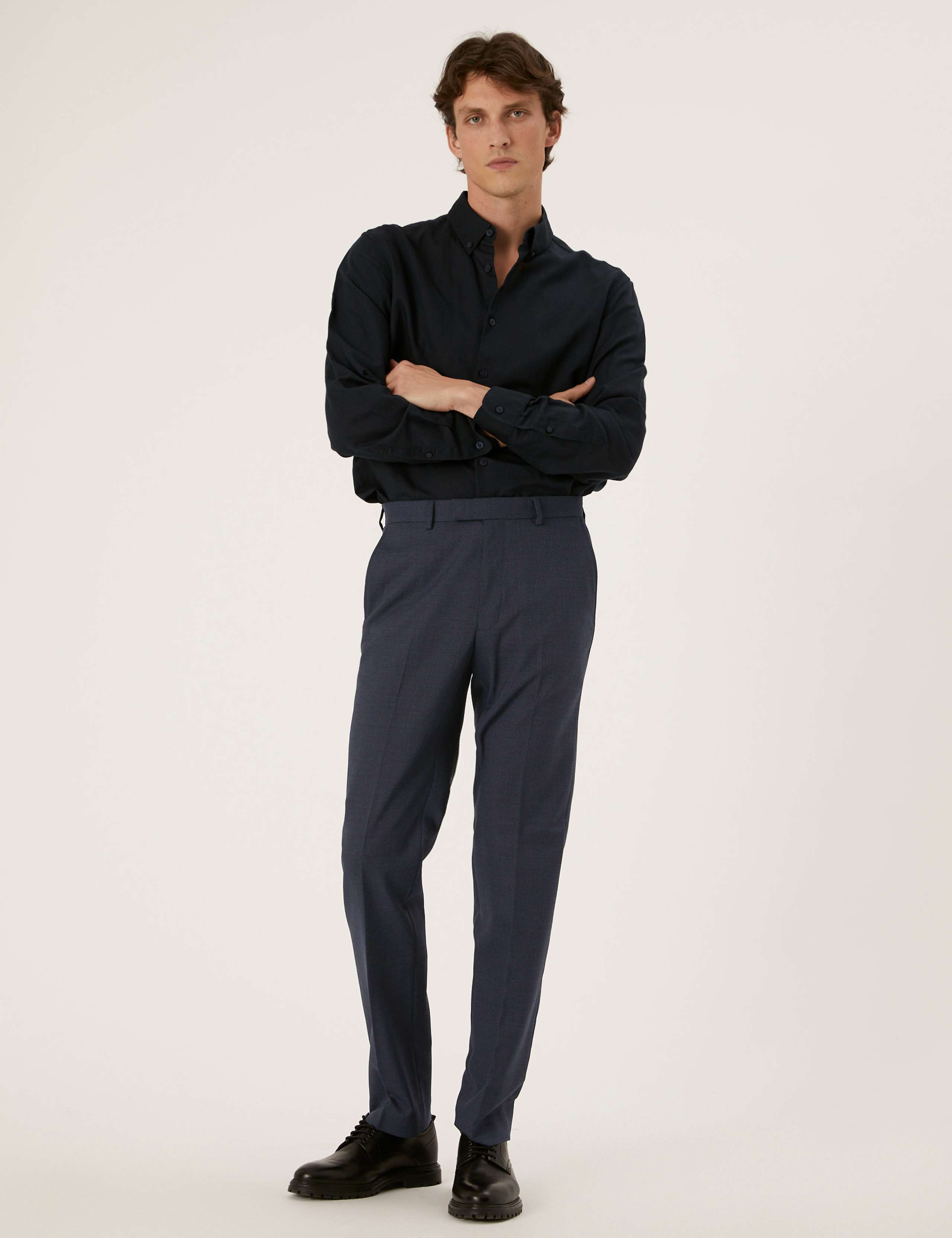Navy Tailored Fit Micro Texture Trousers 1 of 8