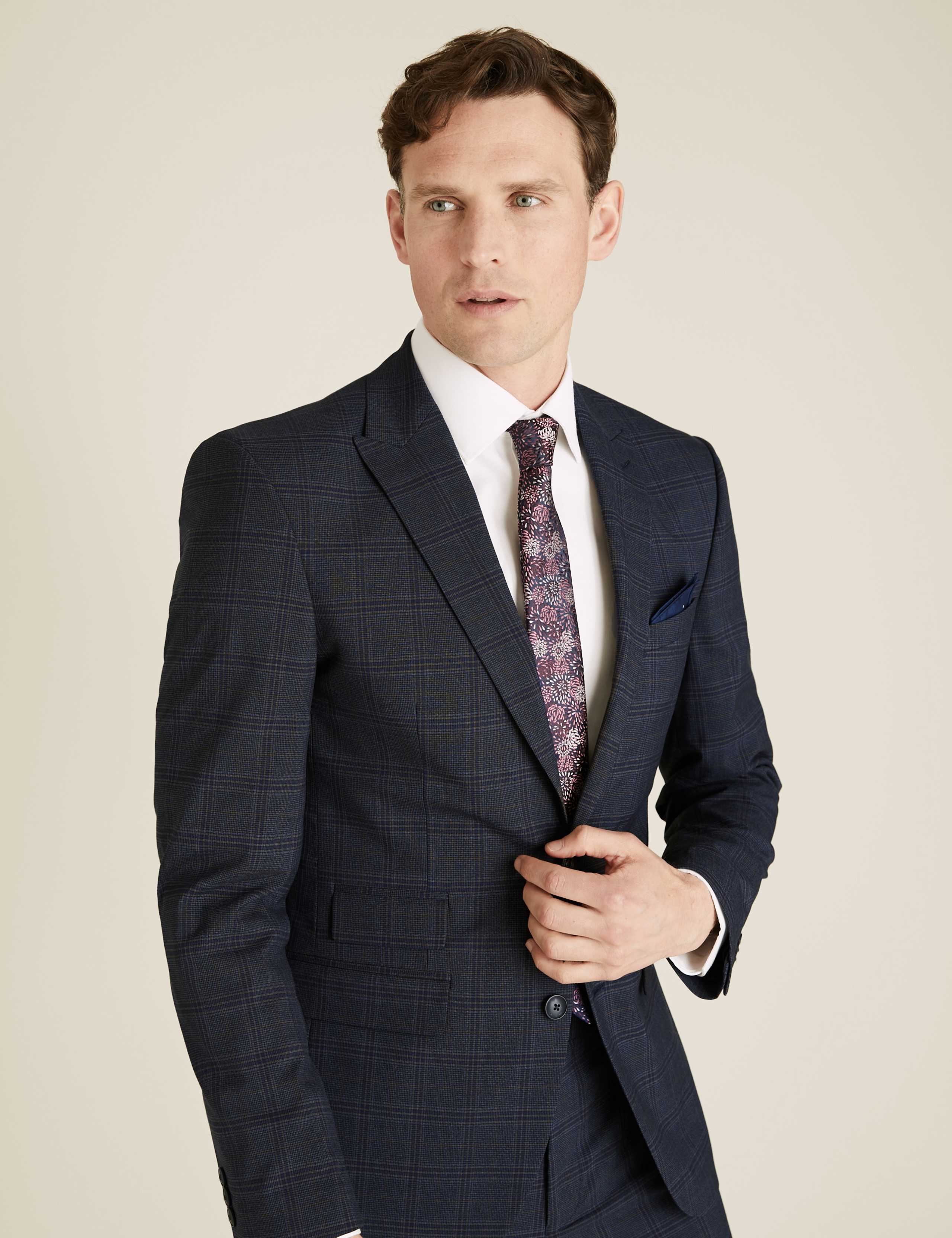 Blue Brown Slim Fit Check Jacket 1 of 9