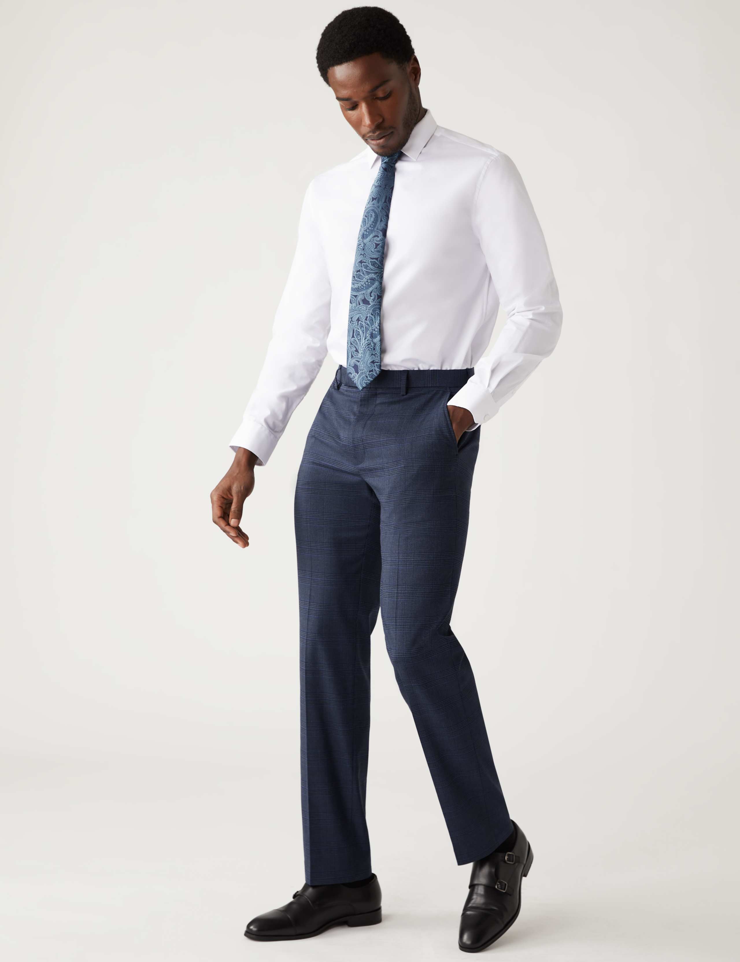 Regular Fit Check Stretch Suit Trousers 1 of 8