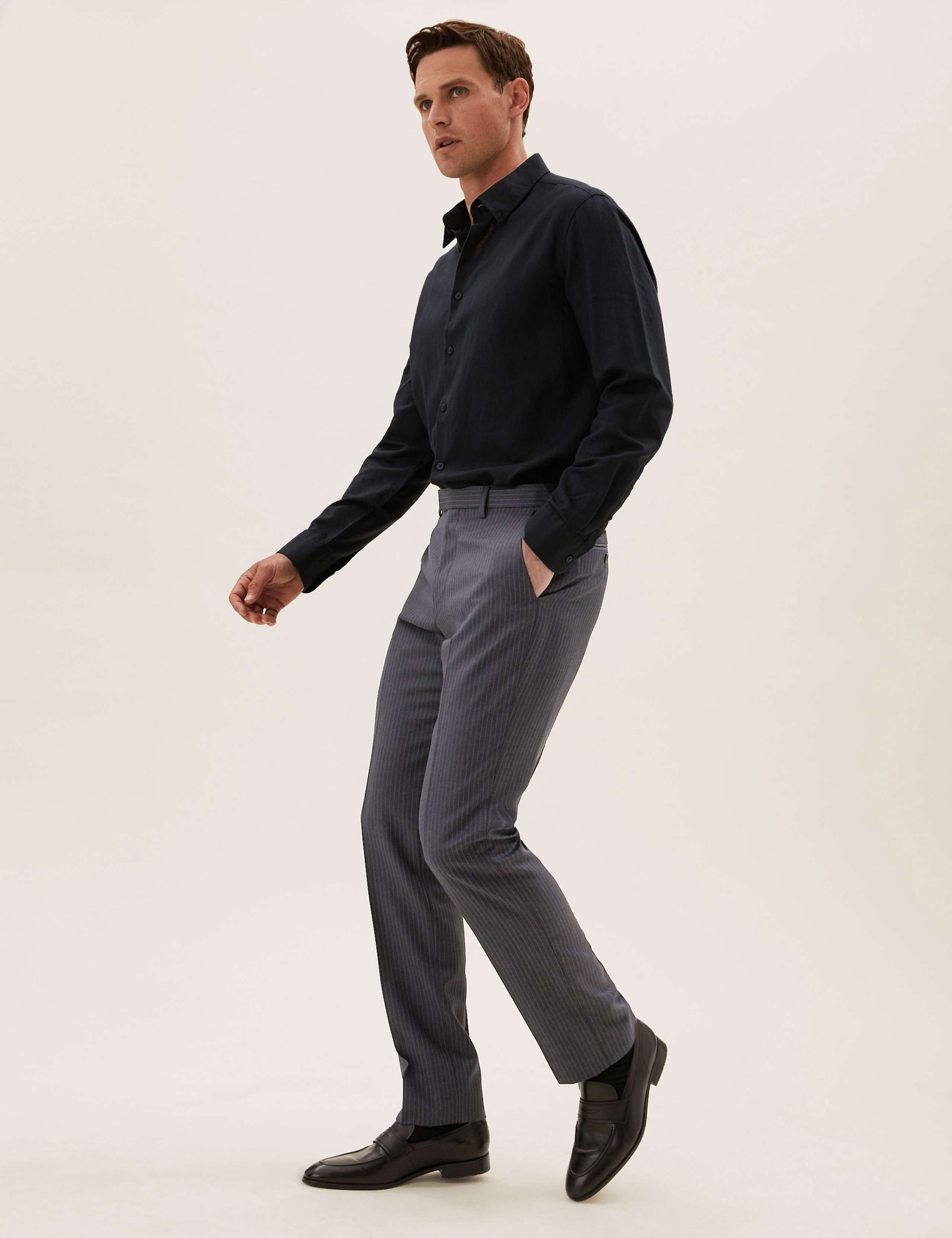 Regular Fit Pure Wool Pinstripe Trousers 1 of 8
