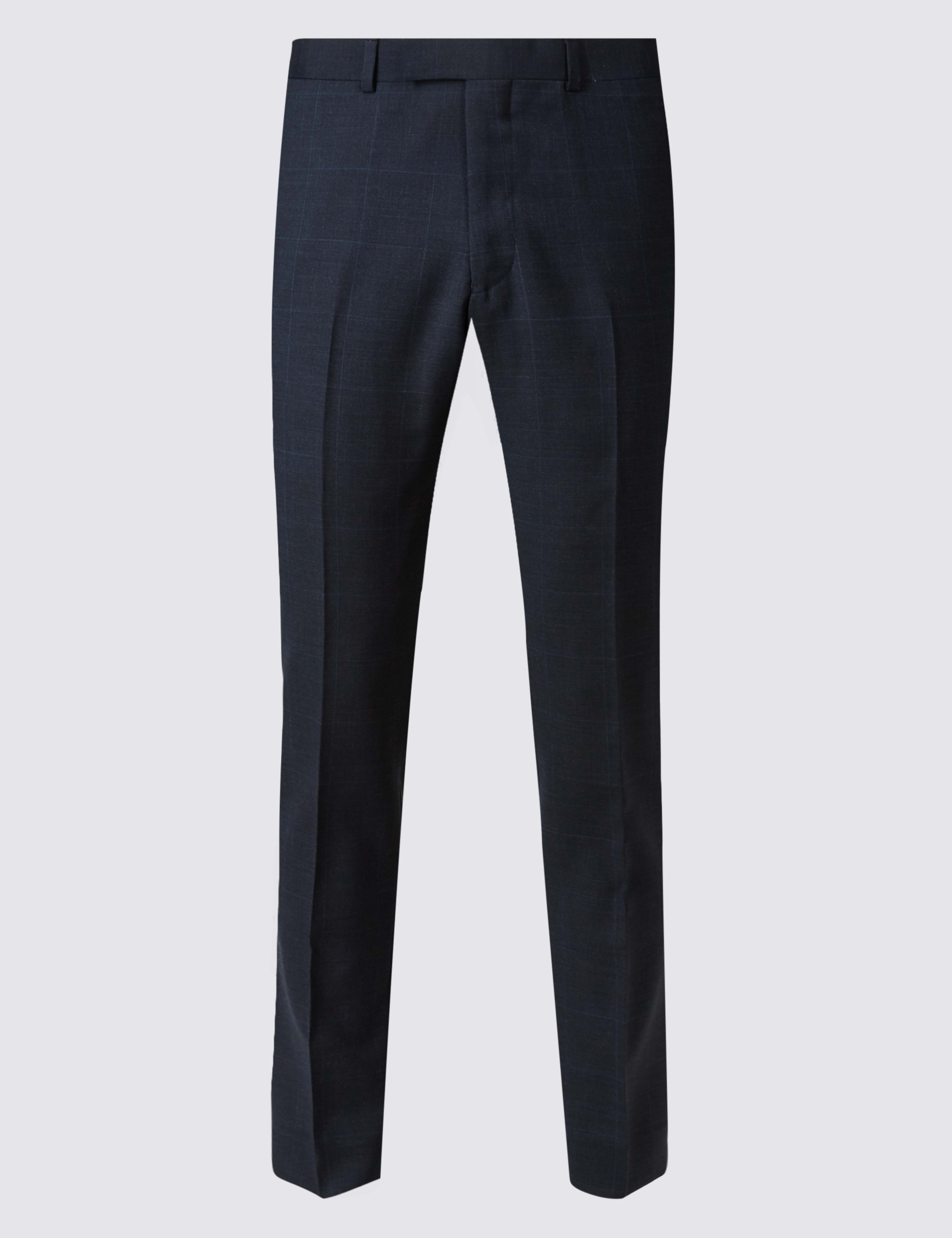 Navy Checked Slim Fit Wool Trousers 2 of 6