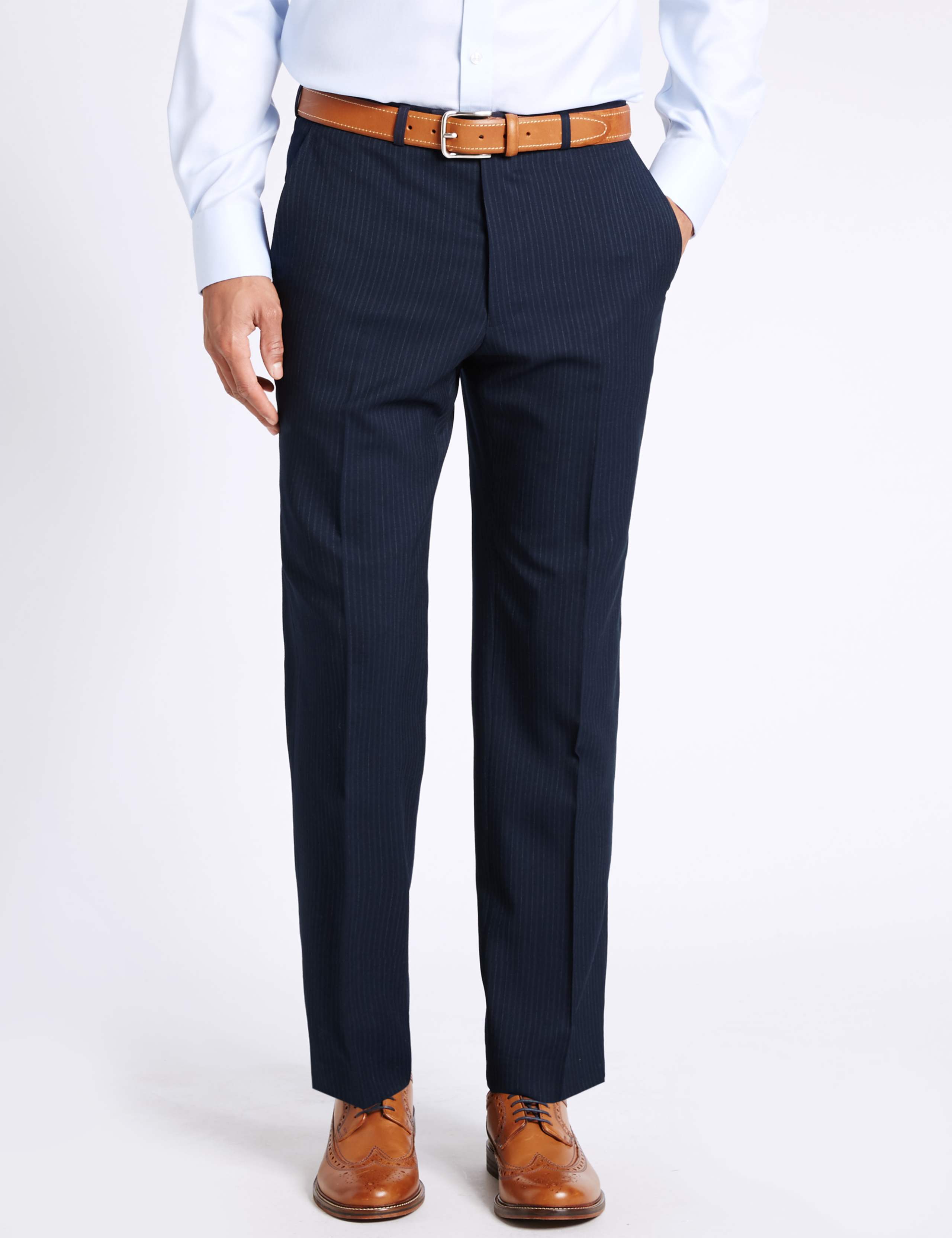 Navy Striped Regular Fit Wool Trousers 1 of 5