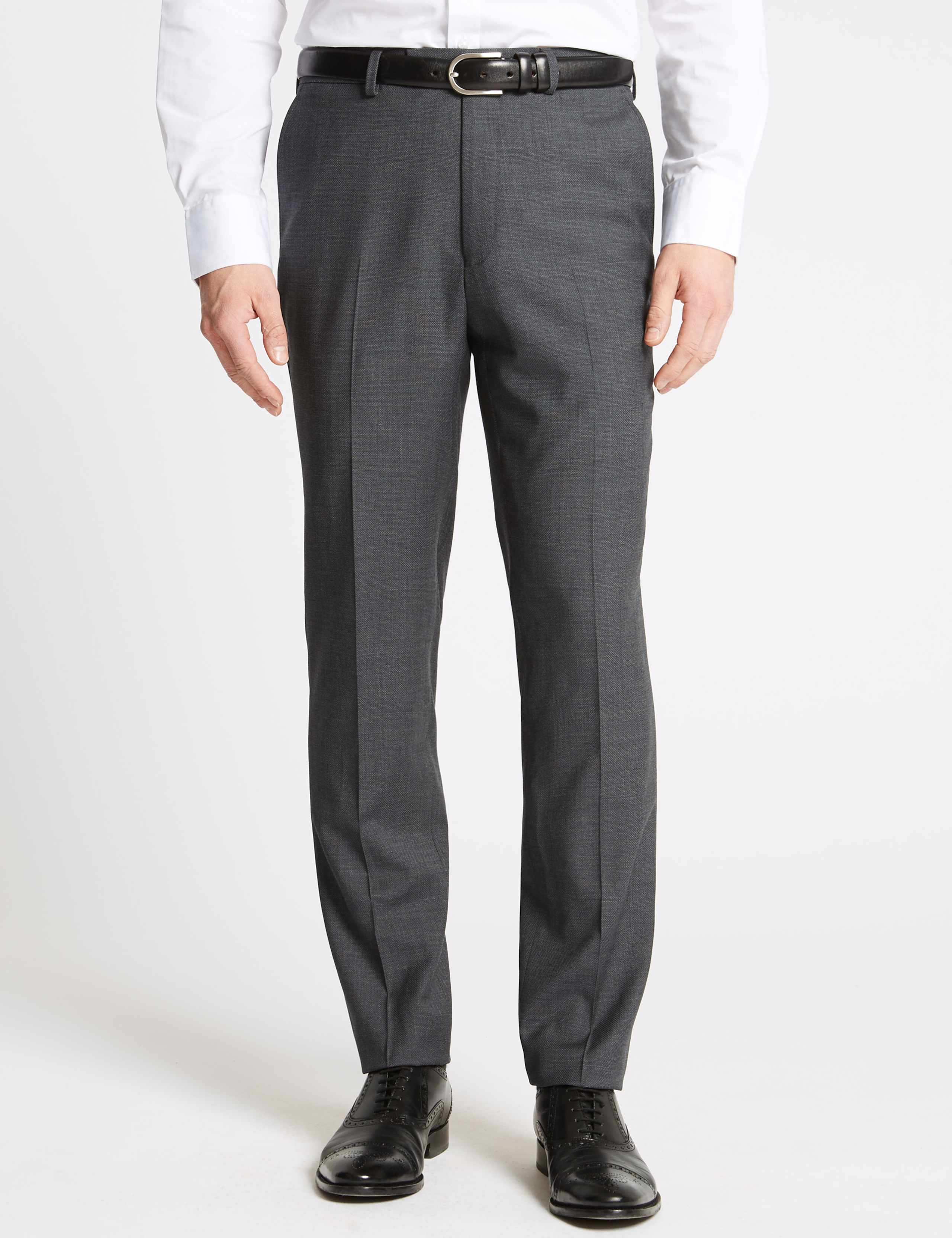 Charcoal Textured Slim Fit Wool Trousers 1 of 7