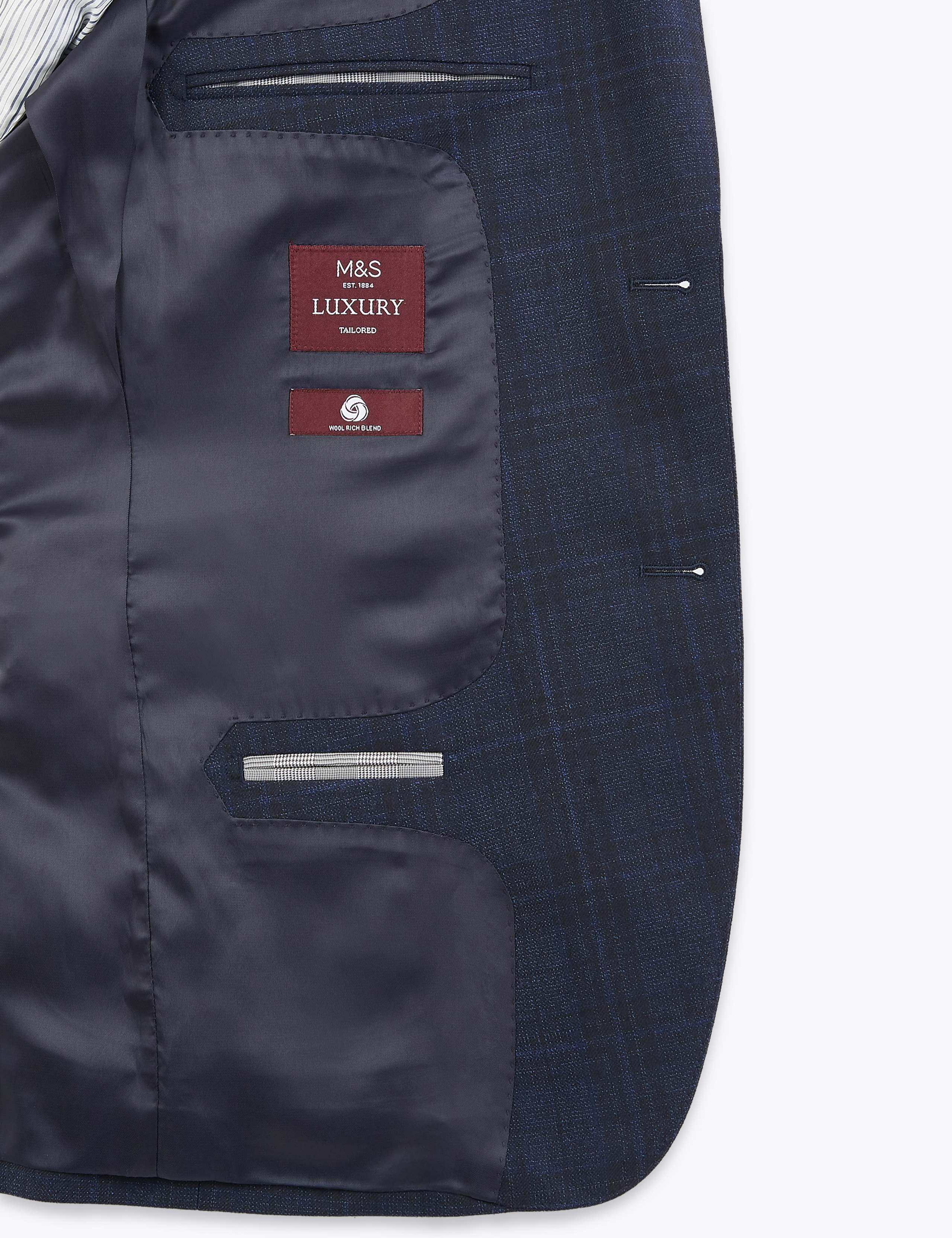Blue Tailored Fit Wool Checked Jacket 7 of 7