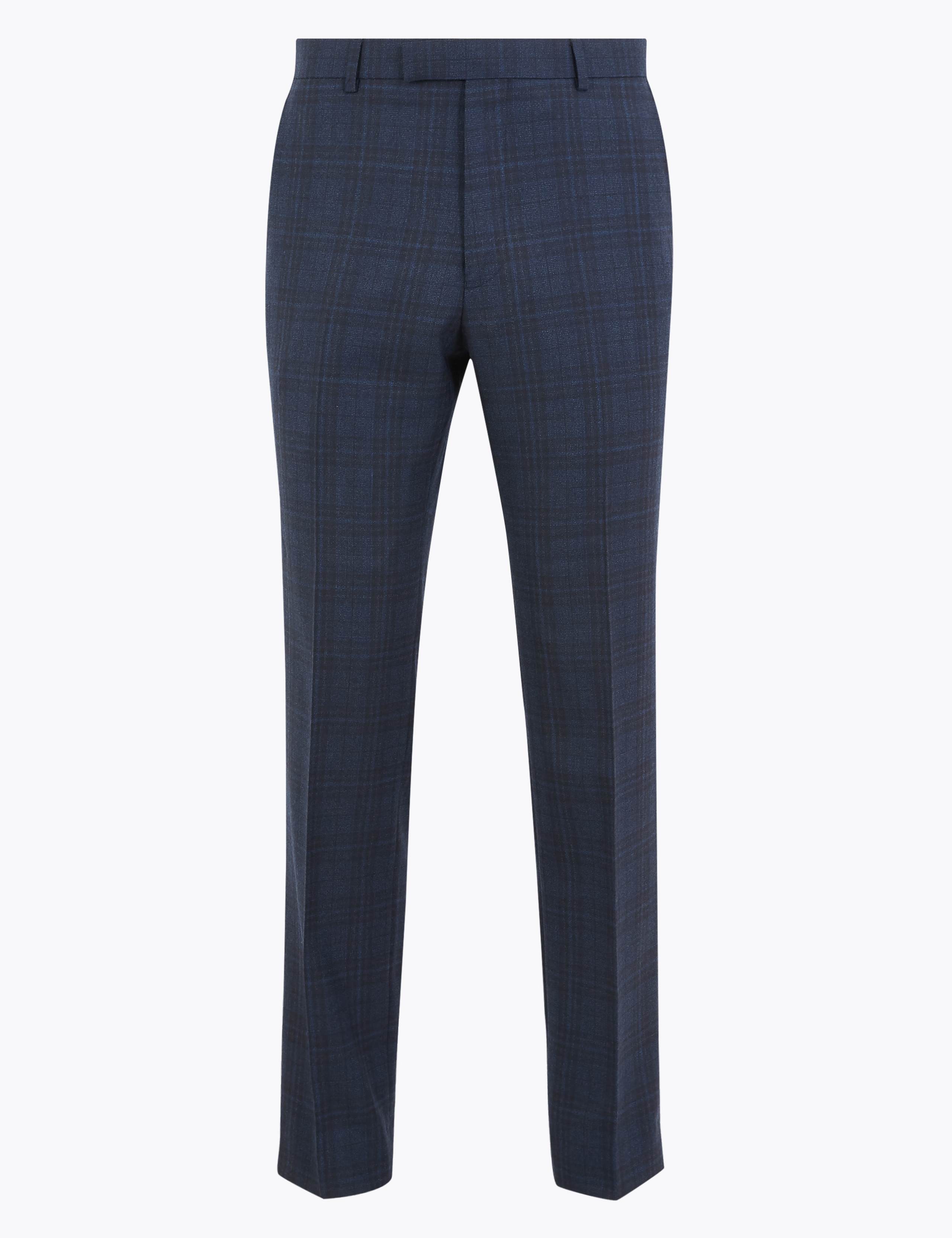 Blue Tailored Fit Wool Rich Checked Trousers 2 of 6
