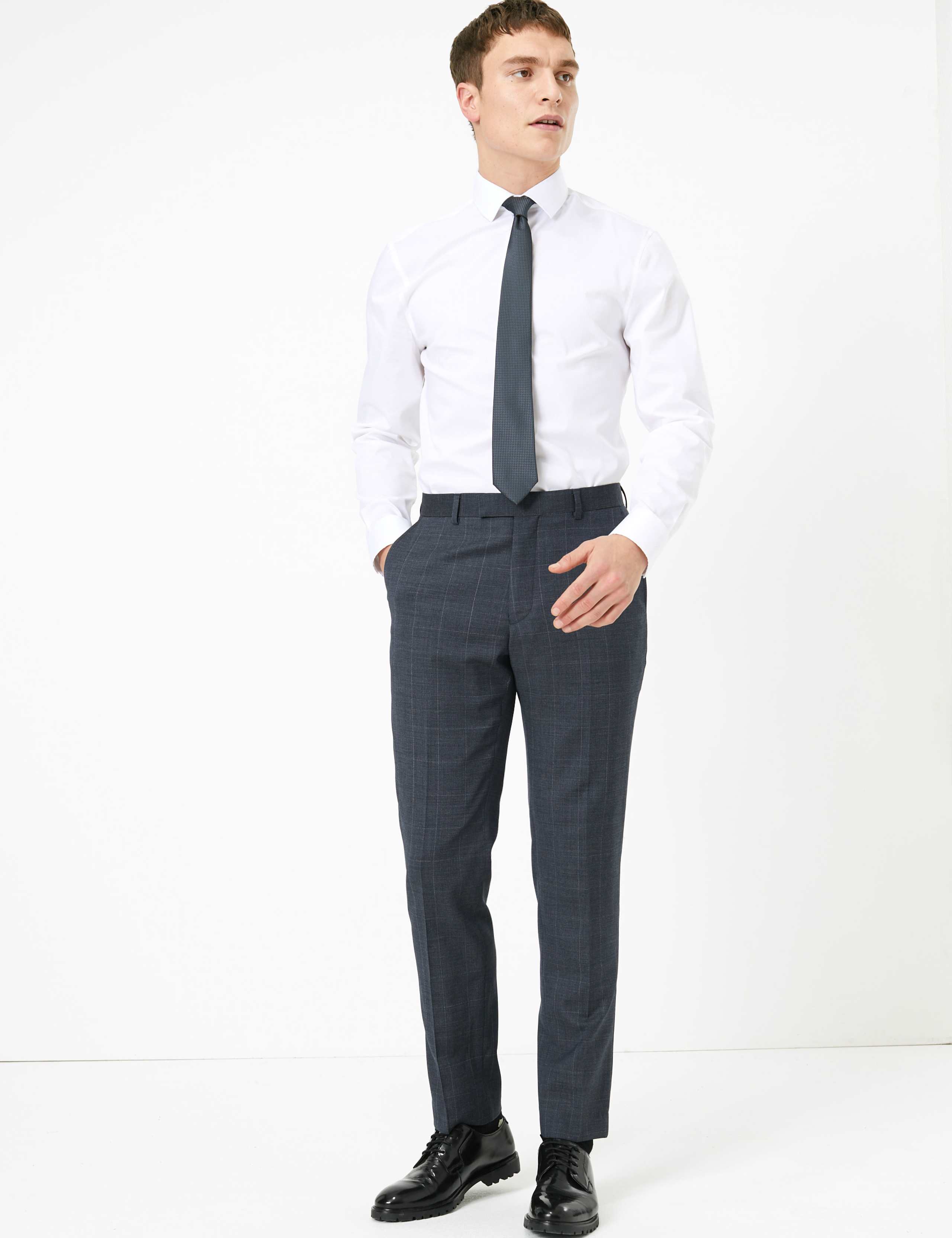 Blue Checked Slim Fit Wool Trousers 1 of 6