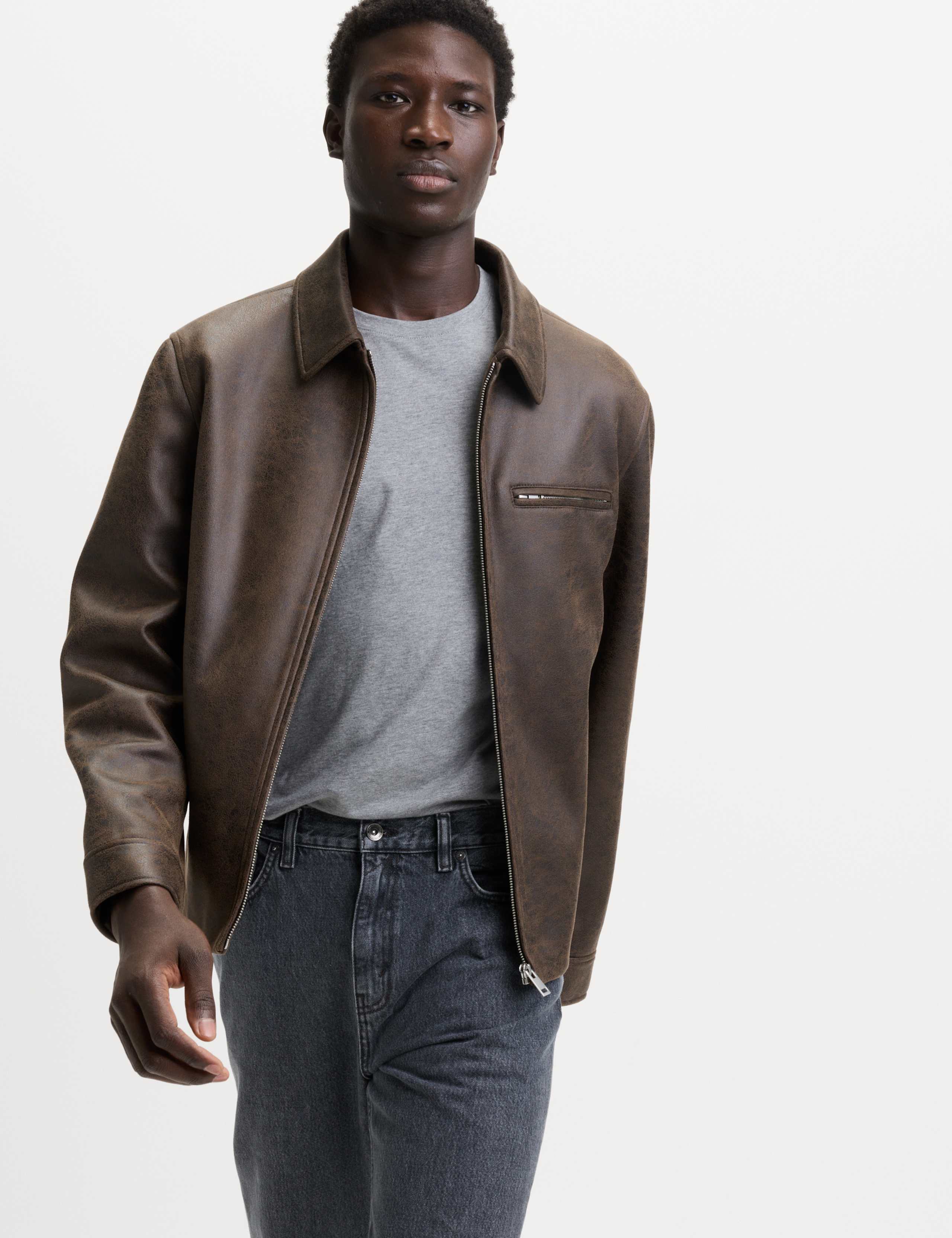 Distressed Faux Leather Harrington Jacket 4 of 6