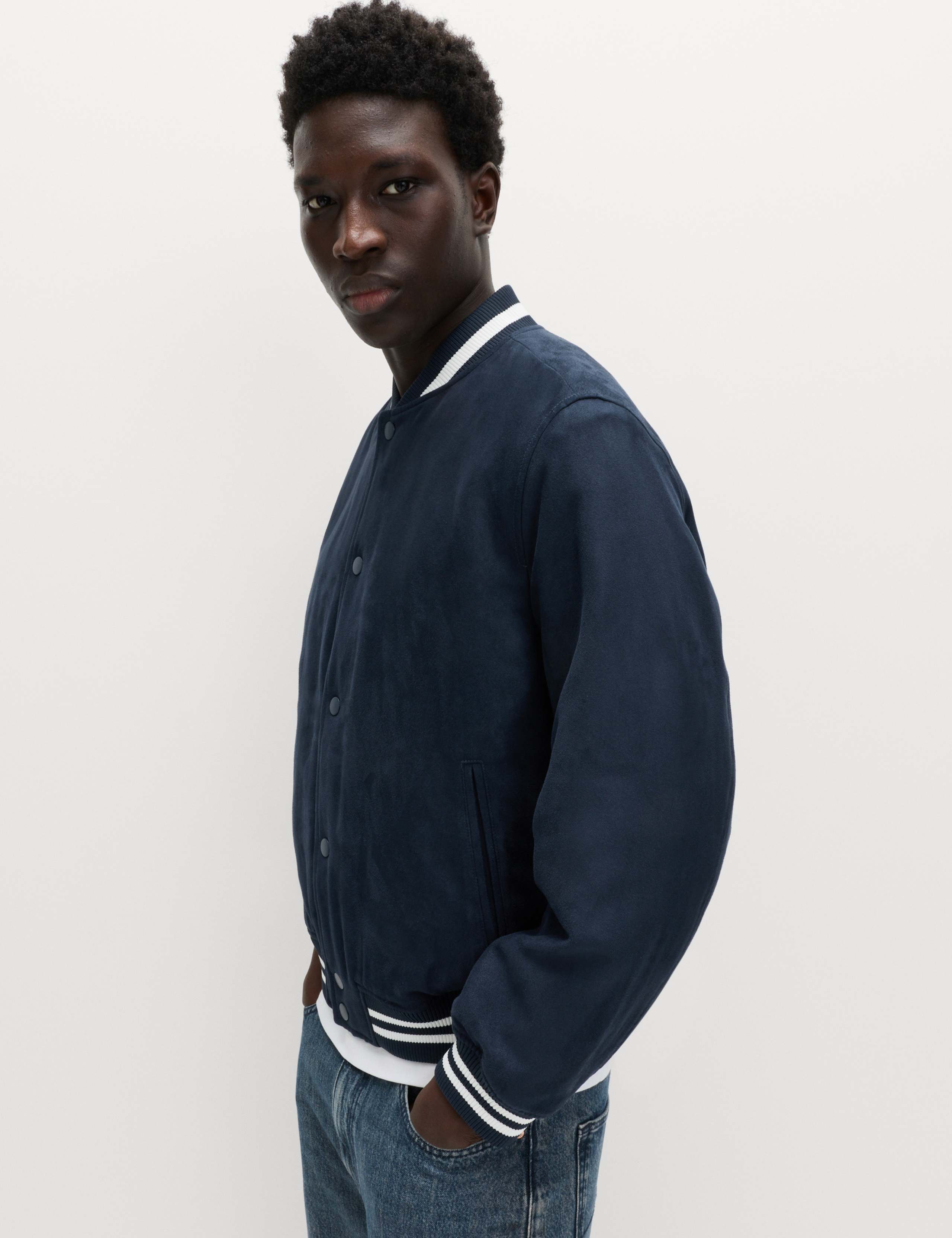 Faux Suede Padded Varsity Bomber Jacket 1 of 4