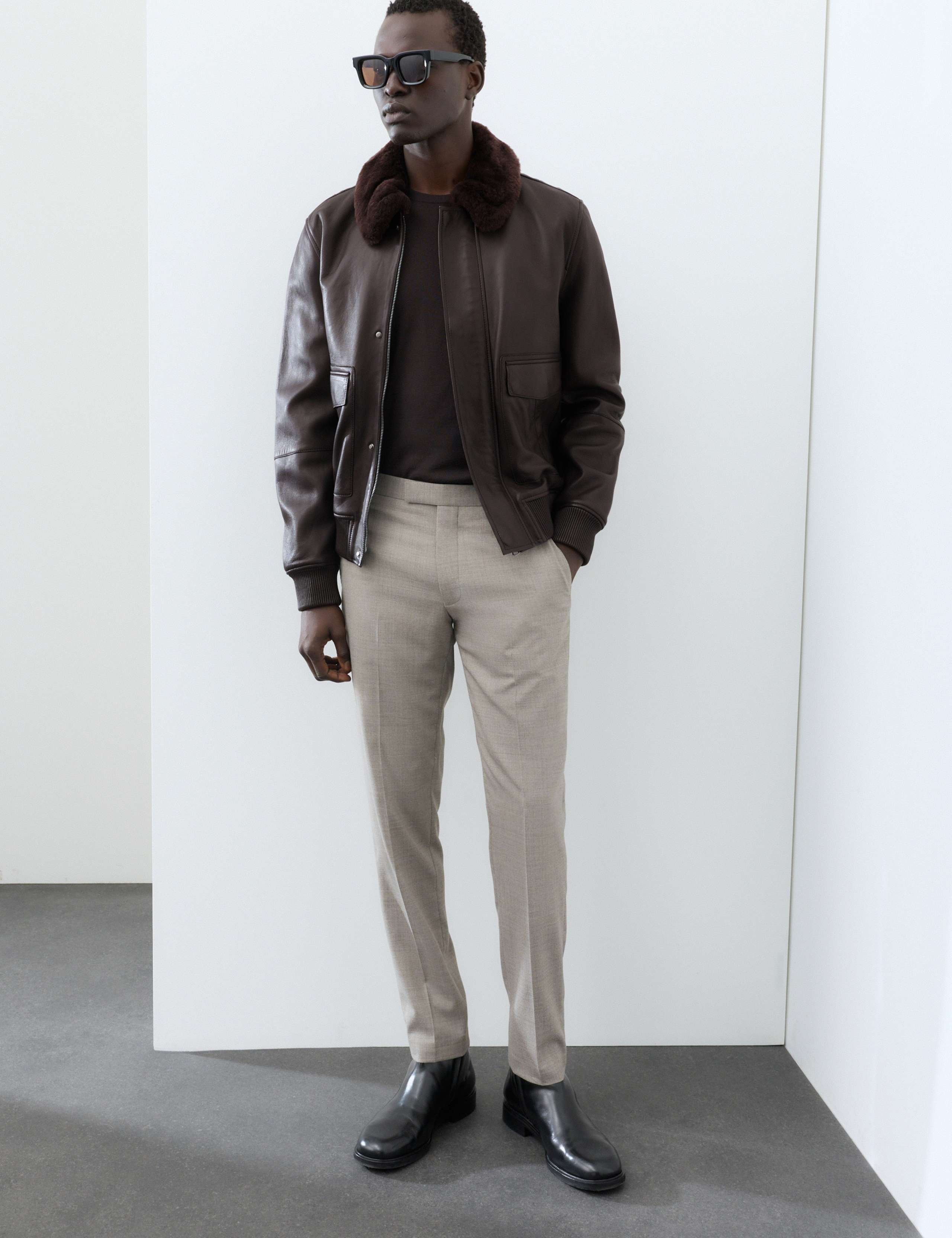 Leather Shearling Collar Bomber Jacket 4 of 7
