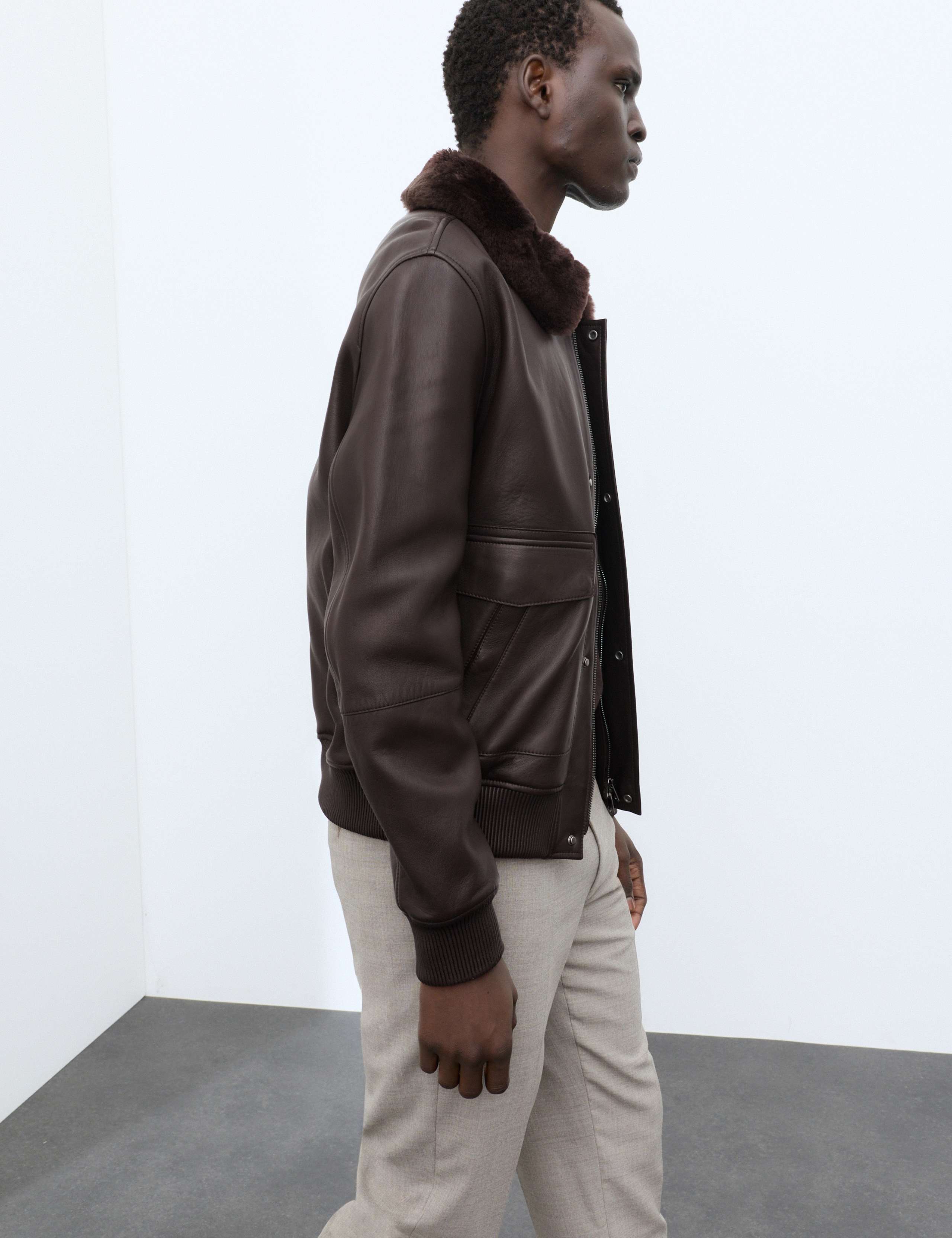 Leather Shearling Collar Bomber Jacket 5 of 7