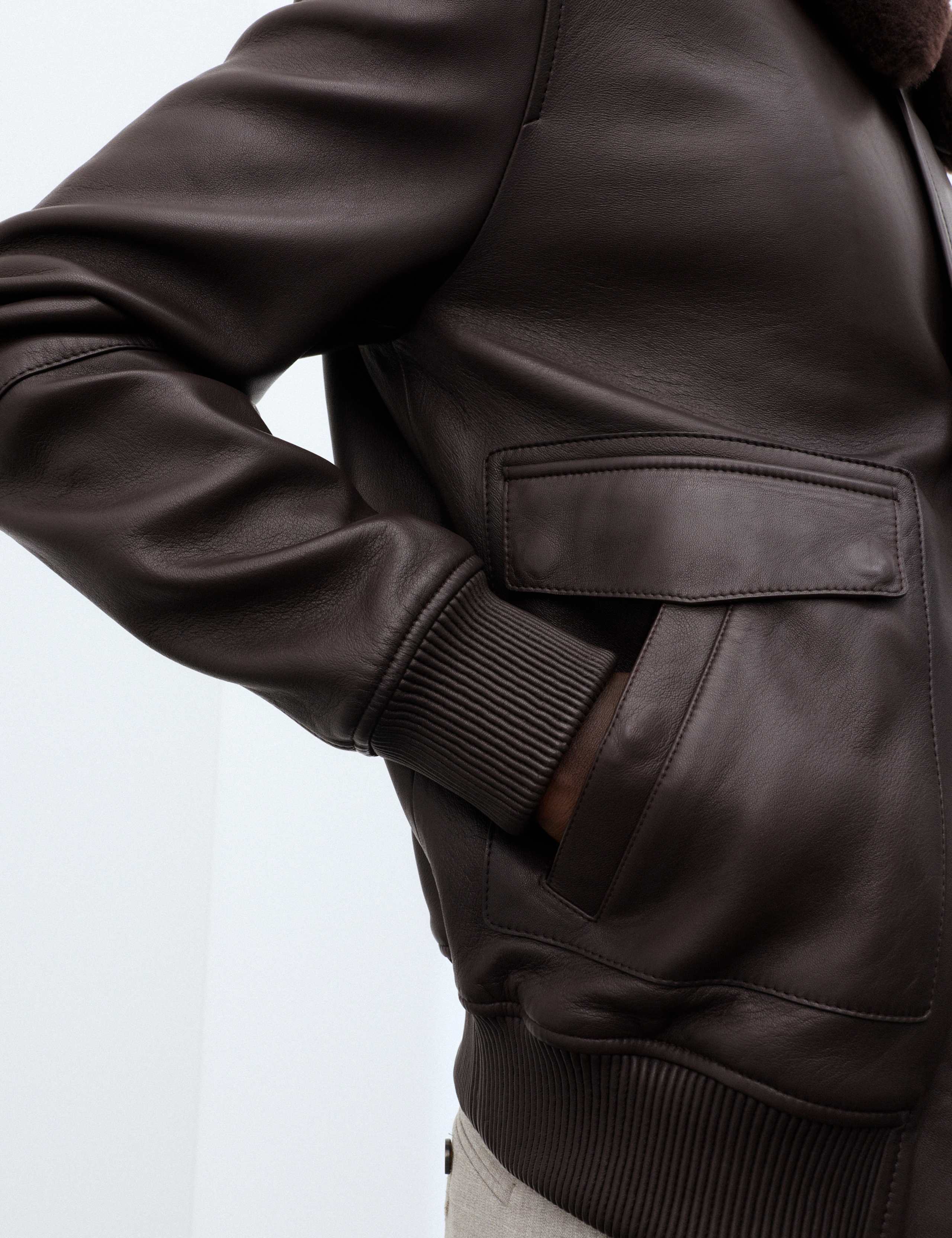 Leather Shearling Collar Bomber Jacket 6 of 7