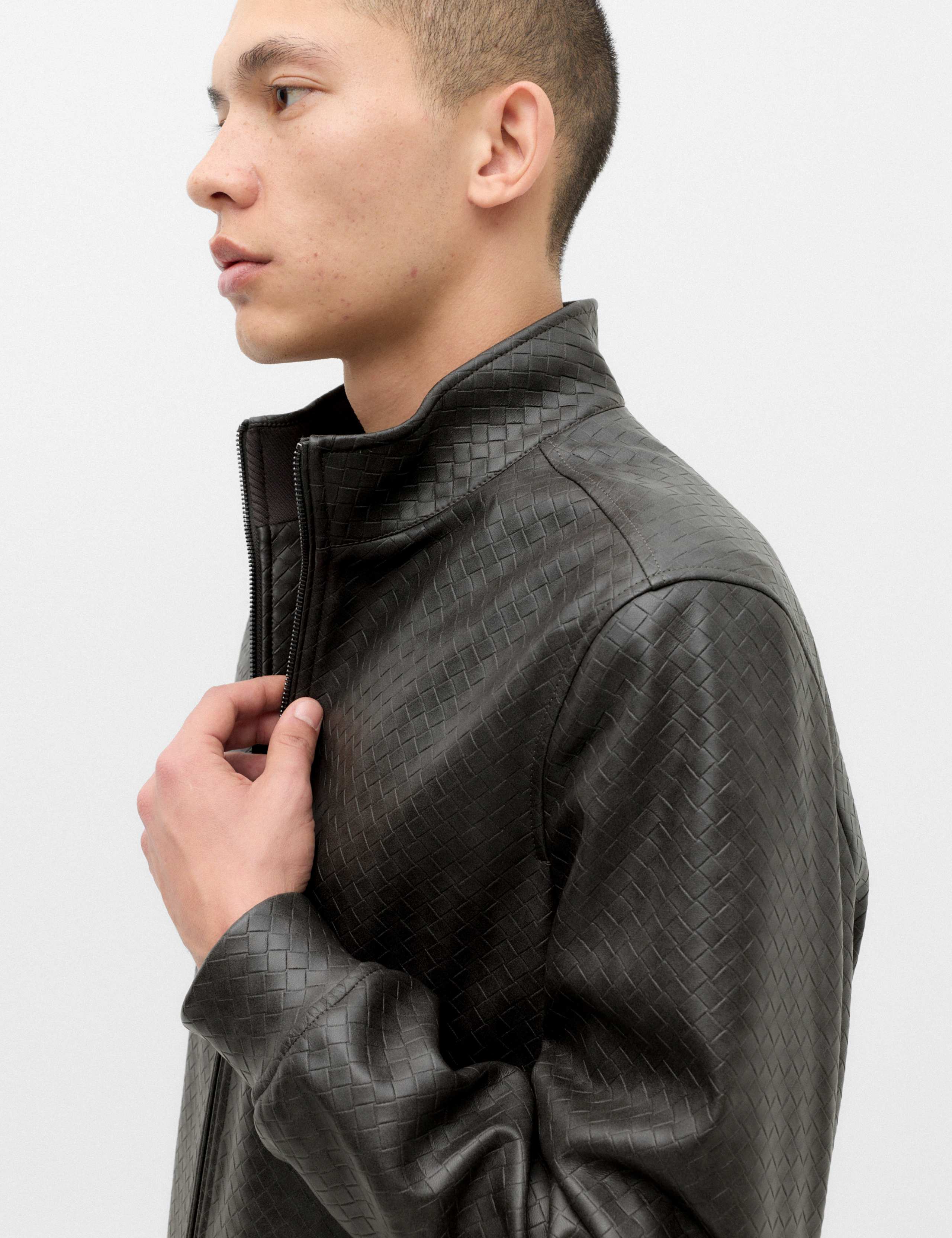 Faux Leather Textured Funnel Neck Jacket 4 of 7