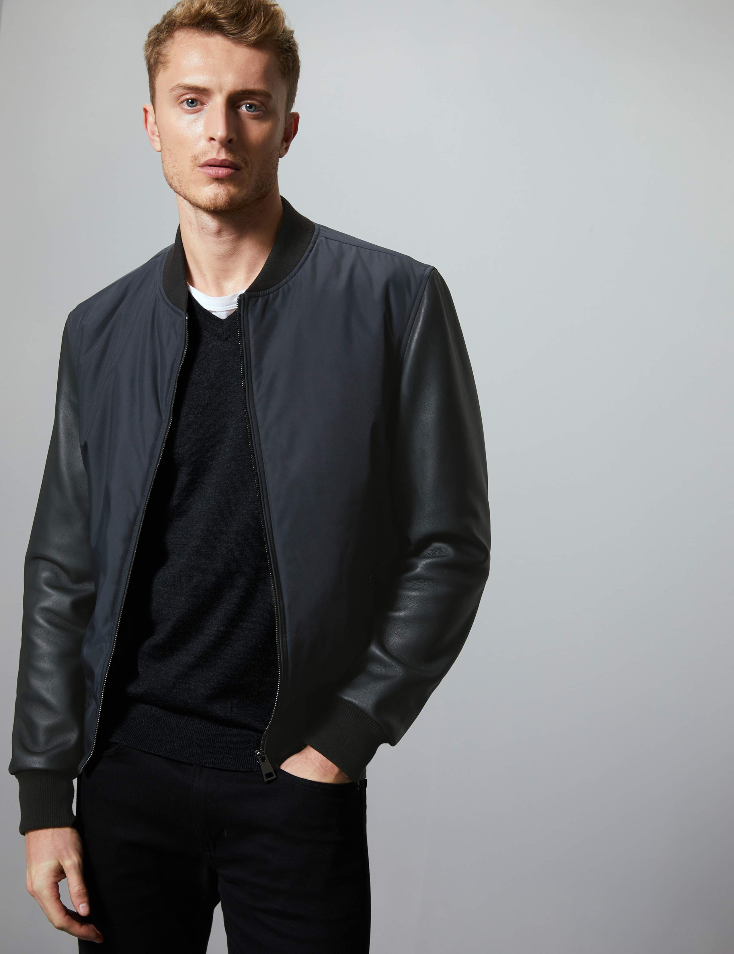 Leather Sleeve Bomber Jacket 1 of 7