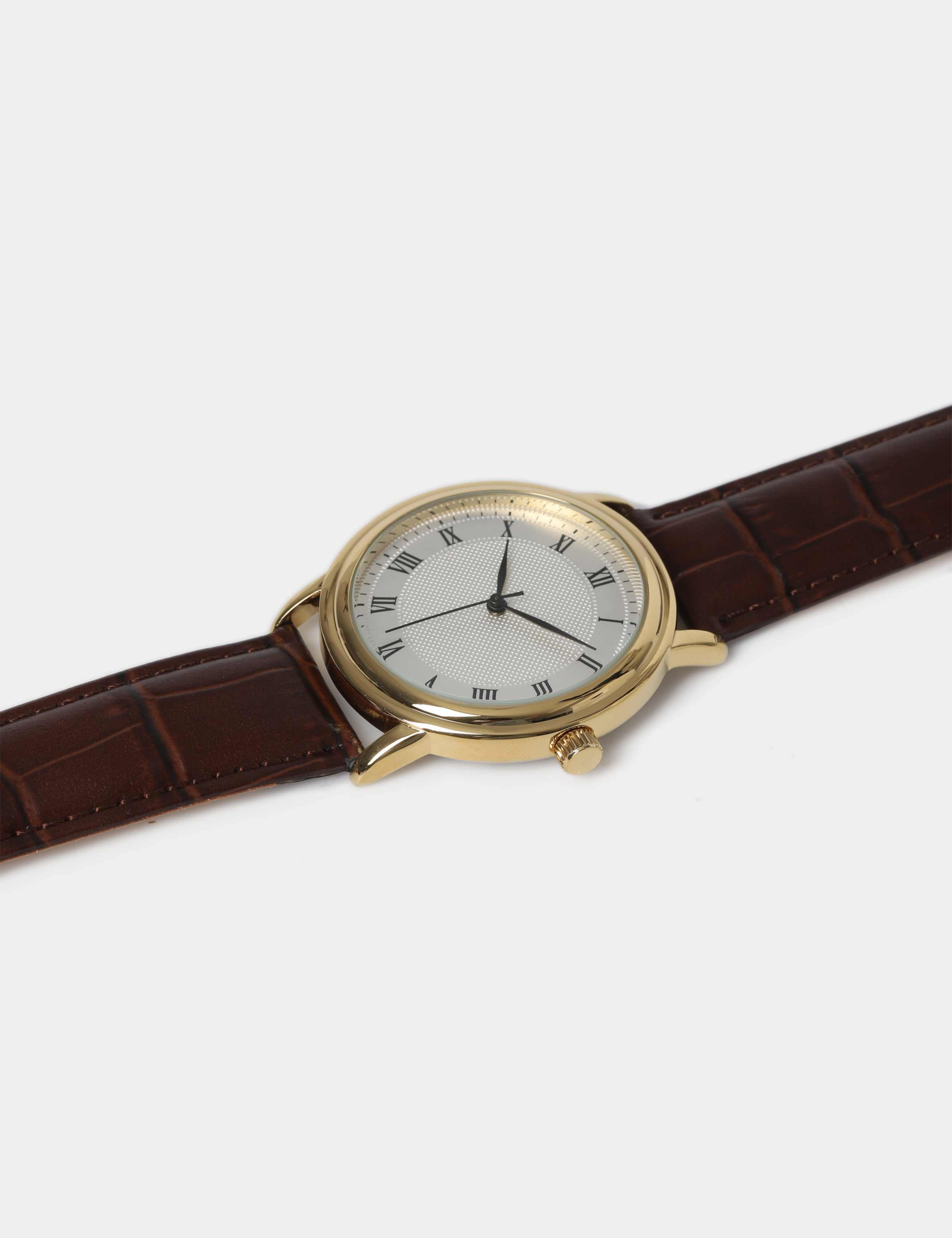 Gold Tone Round Face Croc Leather Strap Watch 2 of 3