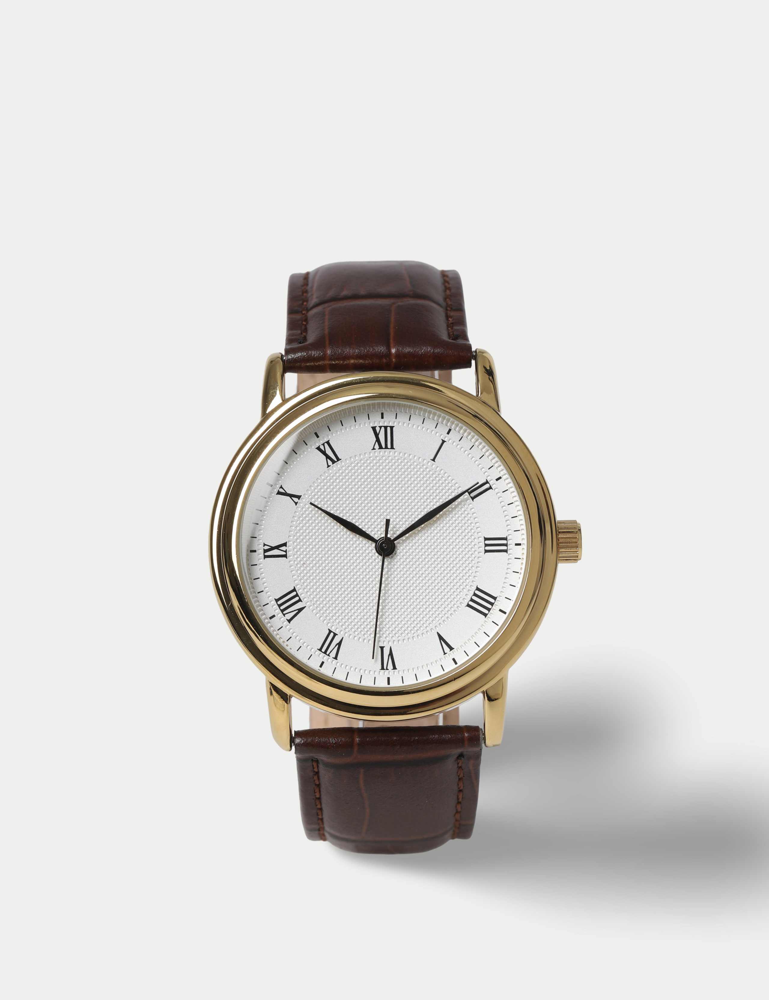 Gold Tone Round Face Croc Leather Strap Watch 1 of 3