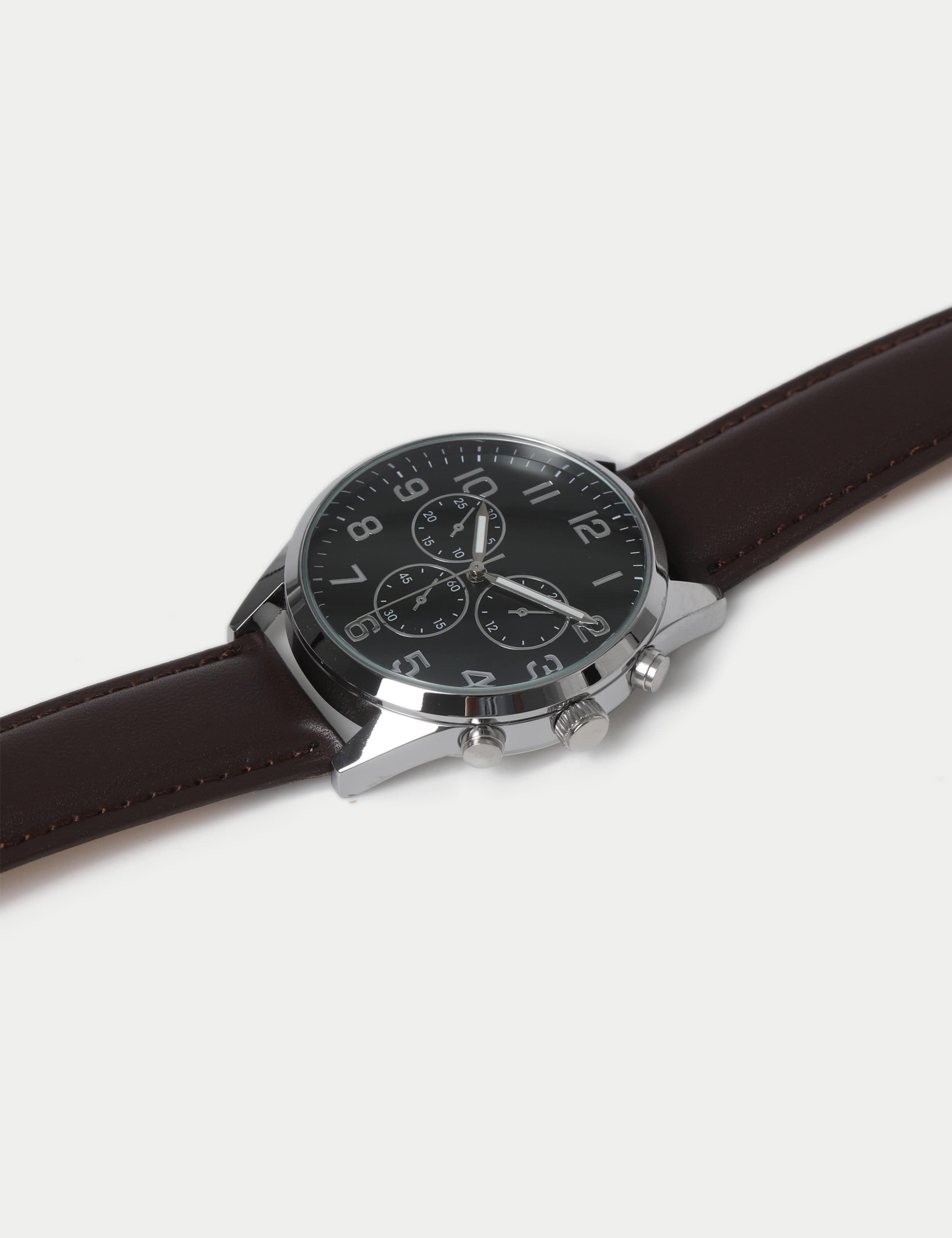 Silver Tone Round Face Leather Strap Watch 2 of 3