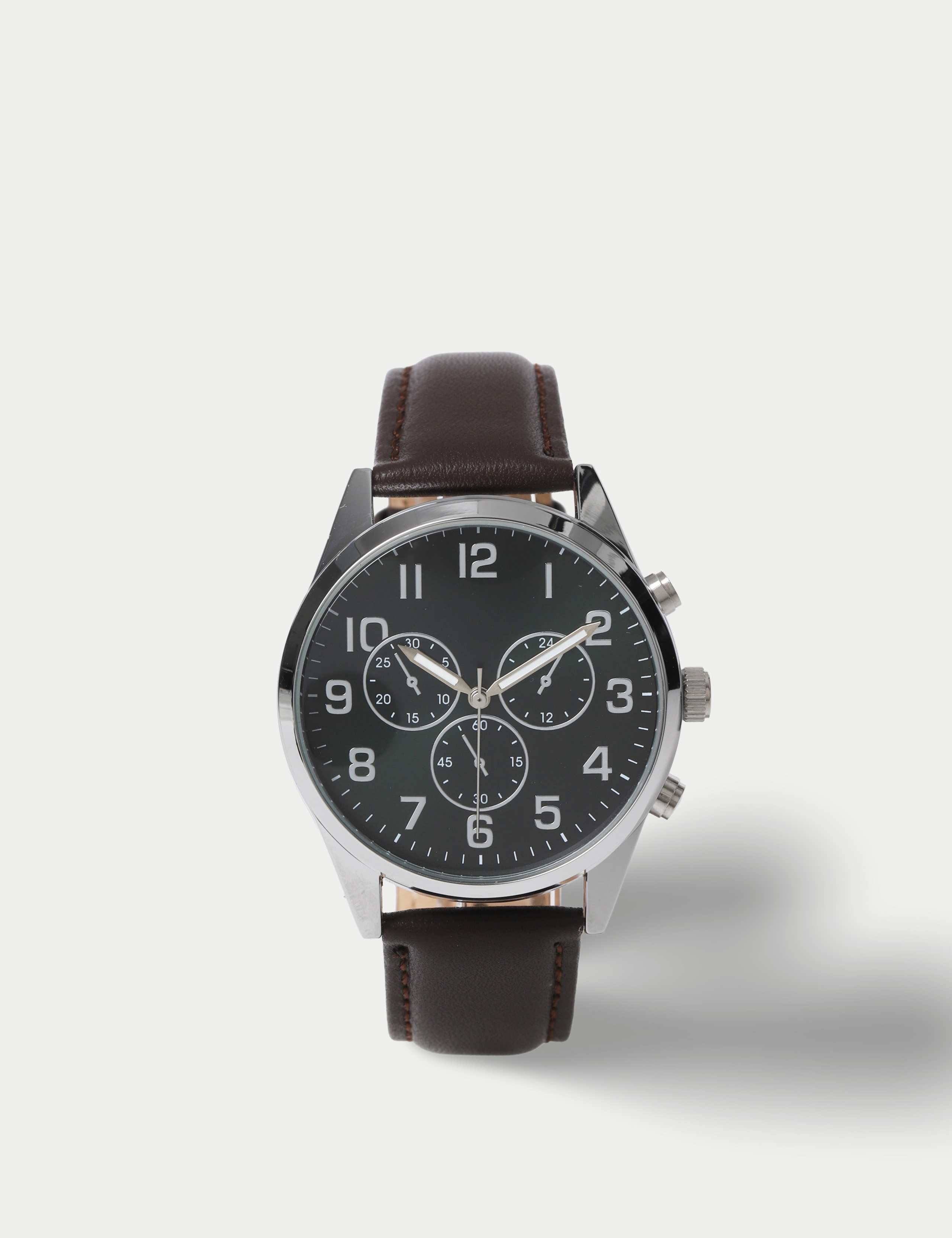 Silver Tone Round Face Leather Strap Watch 1 of 3