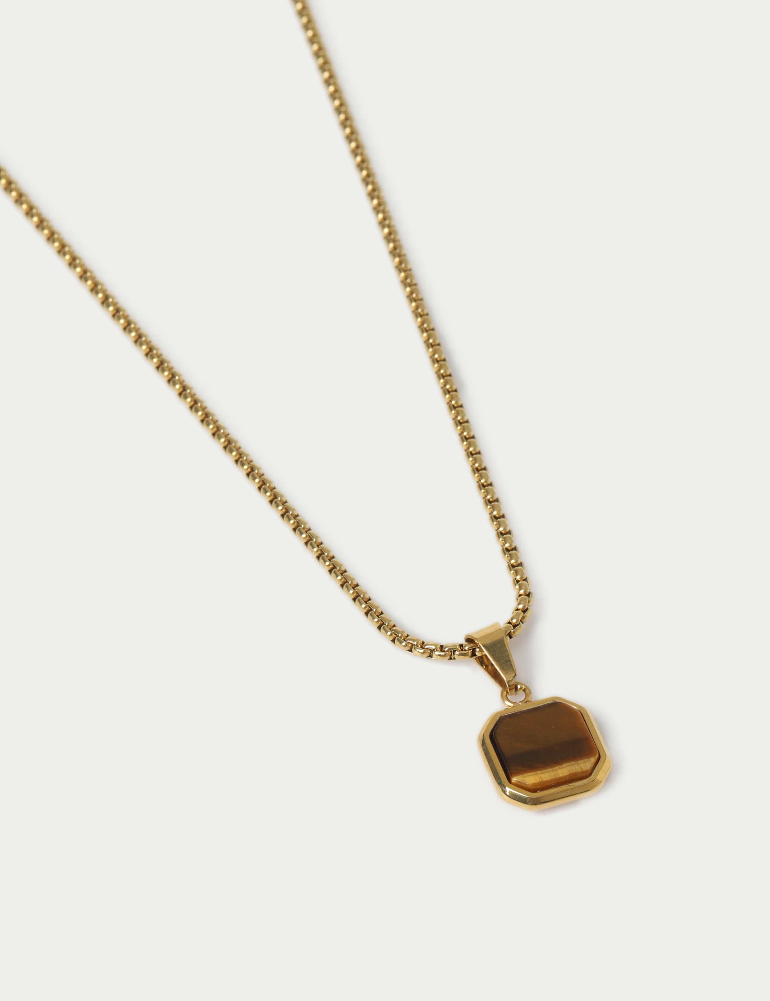 Stainless Steel Gold Tone Necklace With Natural Stone Pendant 2 of 2