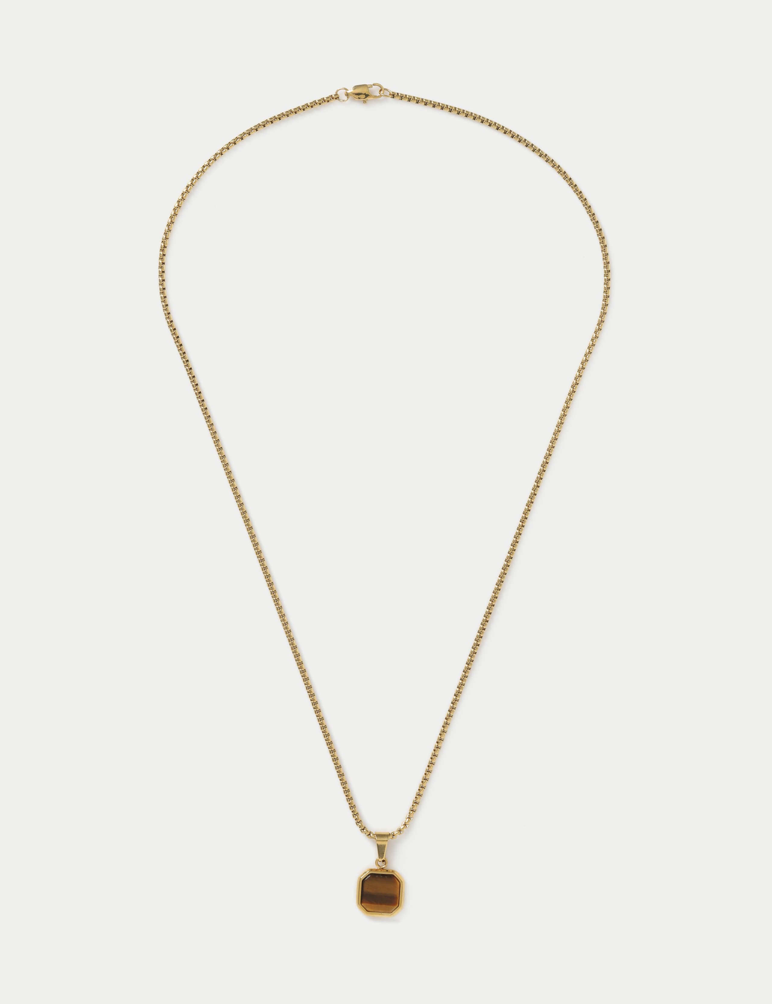 Stainless Steel Gold Tone Necklace With Natural Stone Pendant 1 of 2