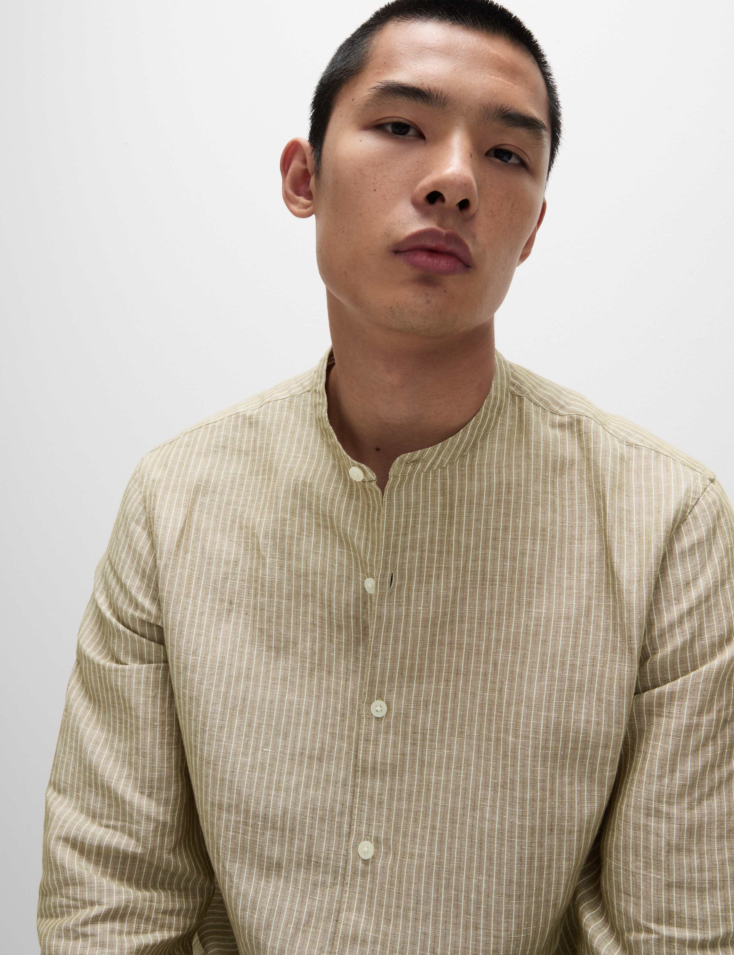 Cotton Linen Blend Striped Grandad Collar Shirt 1 of 6