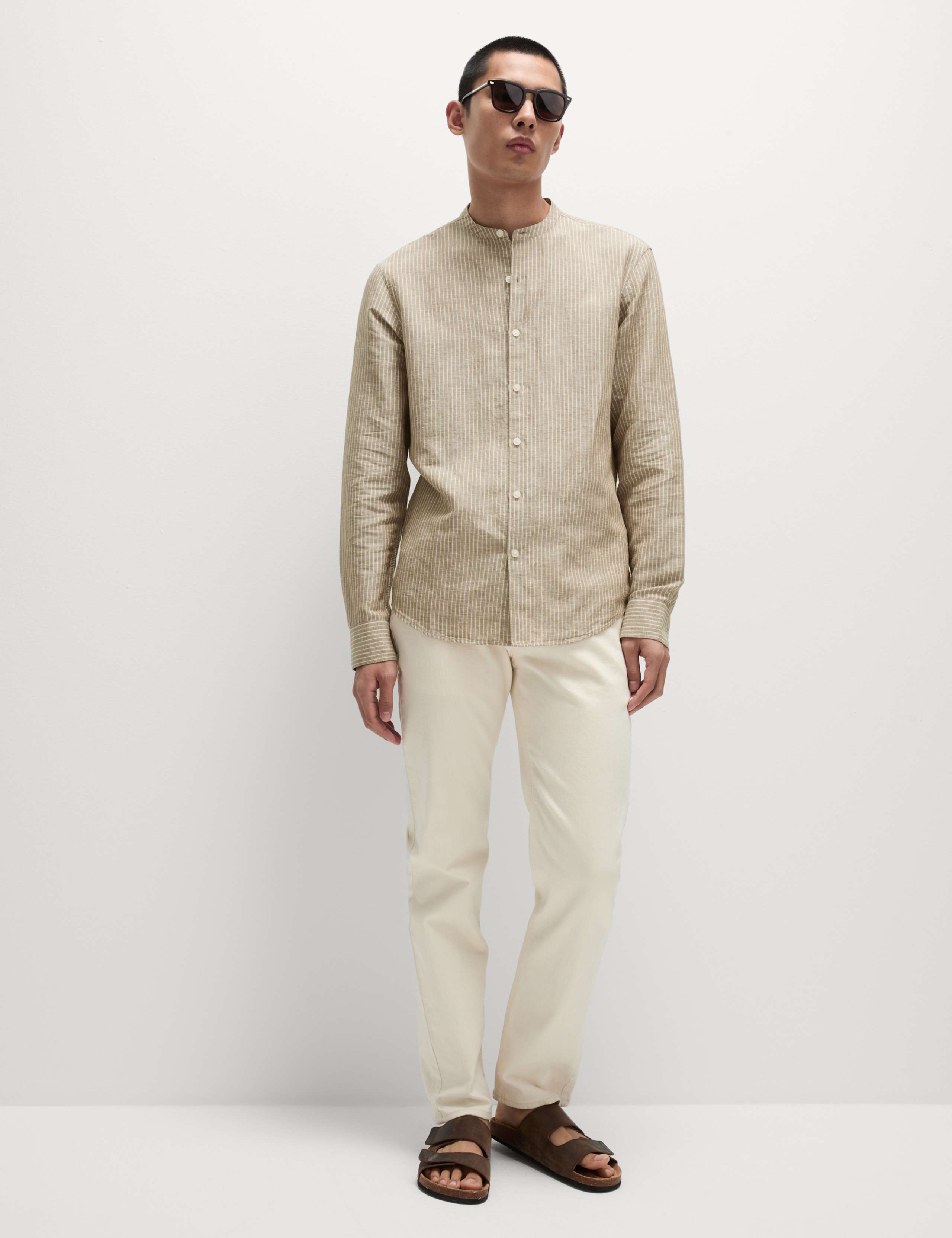 Cotton Linen Blend Striped Grandad Collar Shirt 5 of 6