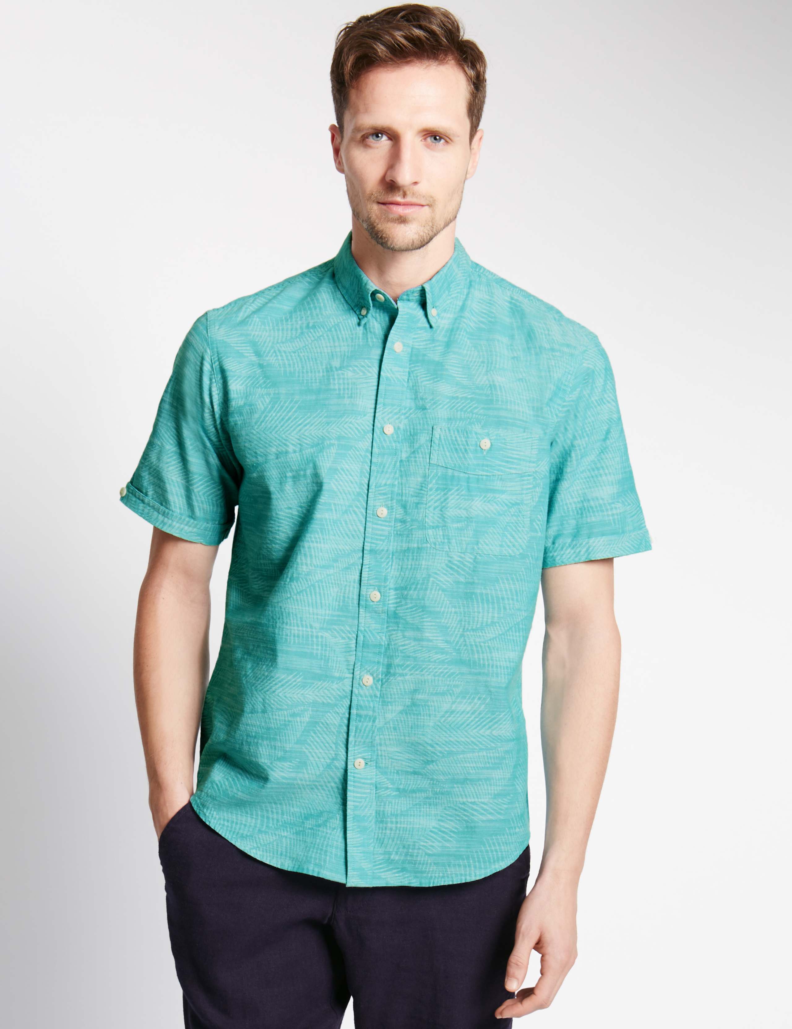Pure Cotton Slub Leaf Print Shirt 1 of 4