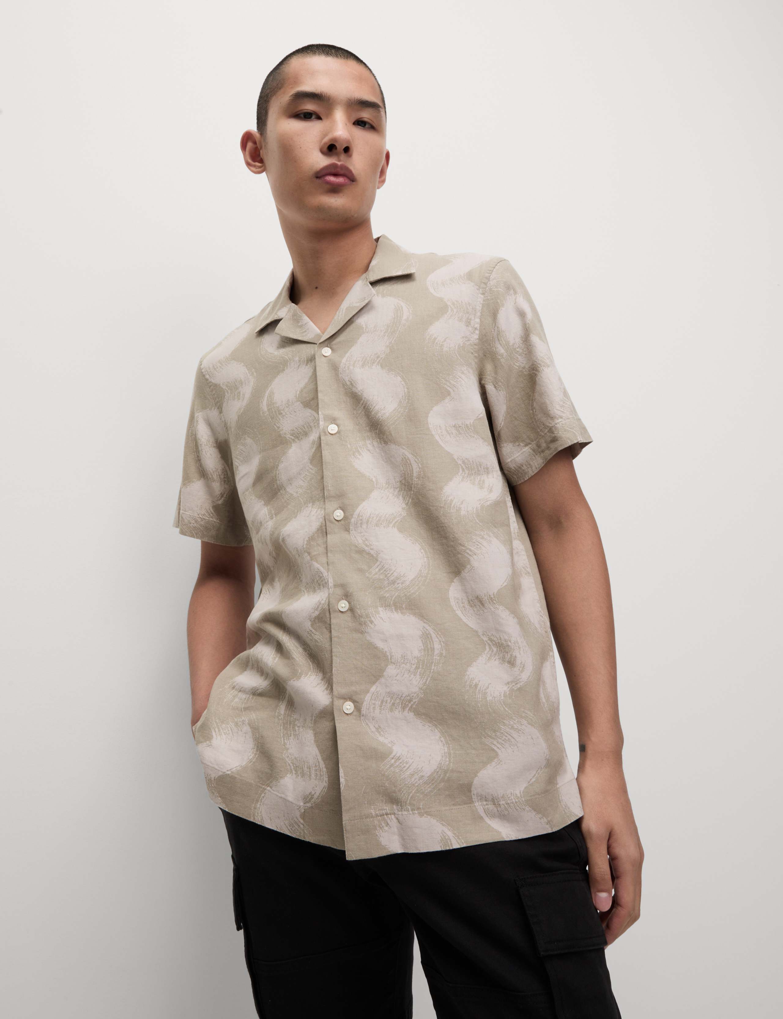 Linen Rich Cuban Collar Wave Print Shirt 1 of 5