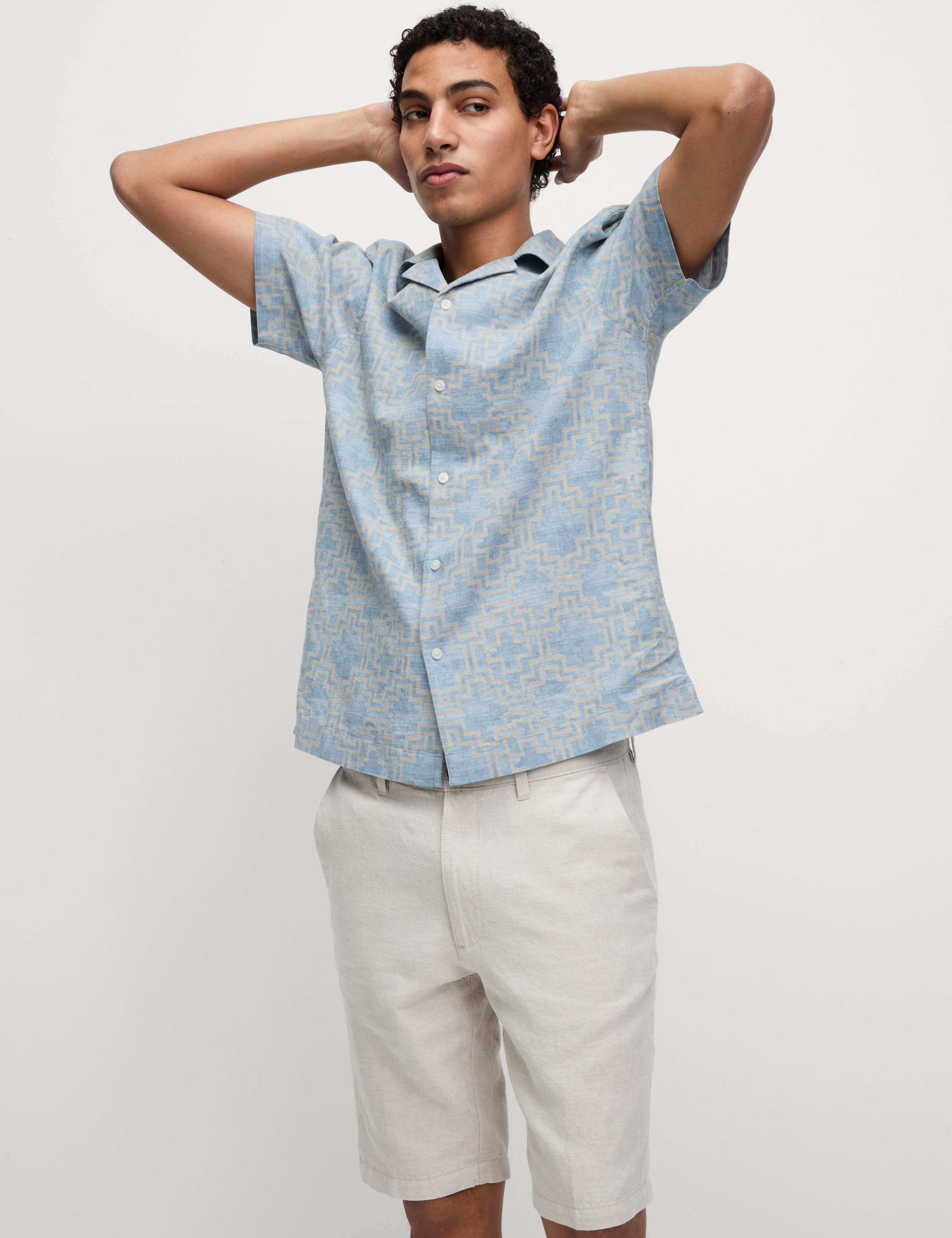 Linen Blend Geometric Print Short Sleeve Shirt 4 of 6