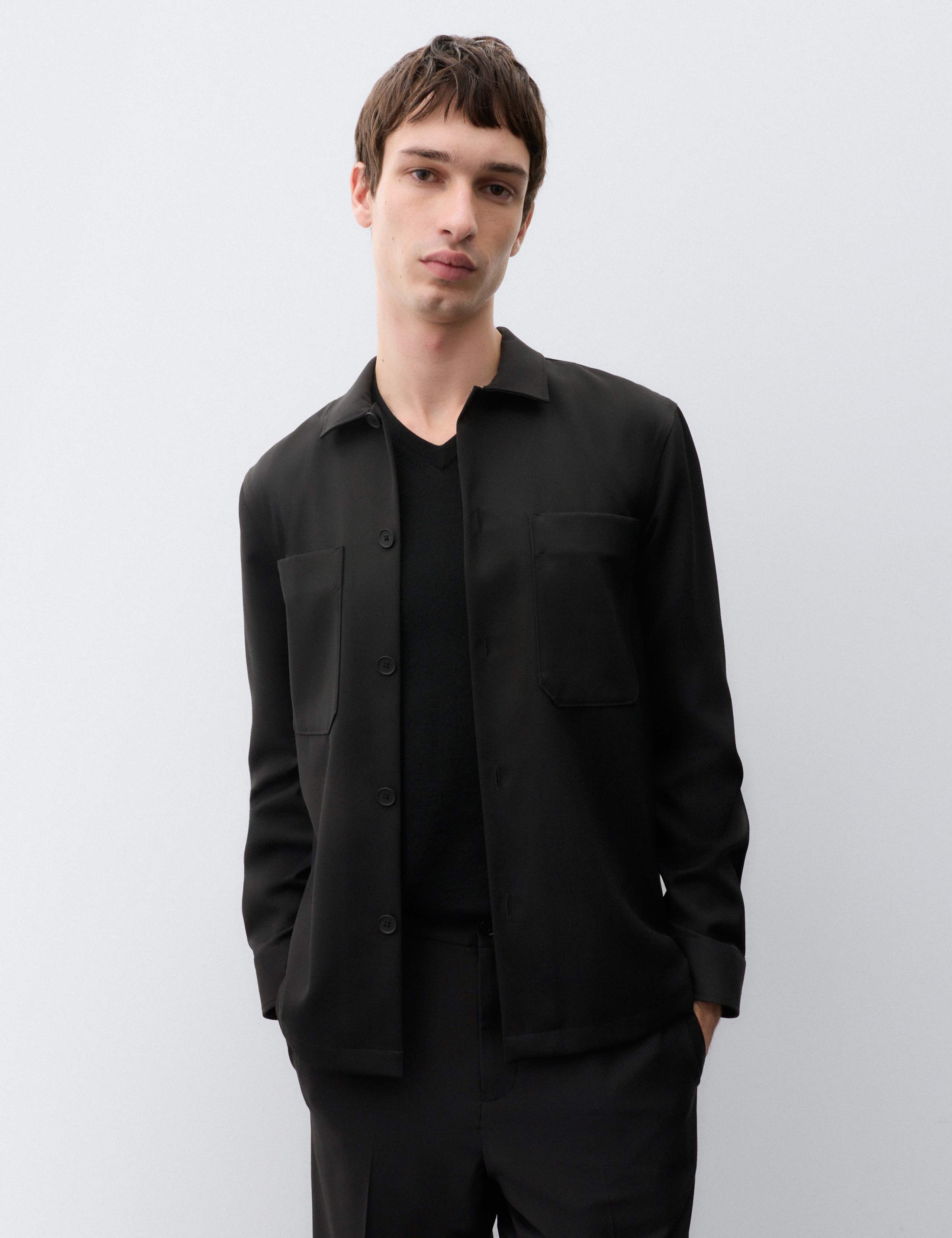 Wool Blend Twill Convertible Collar Overshirt 1 of 6