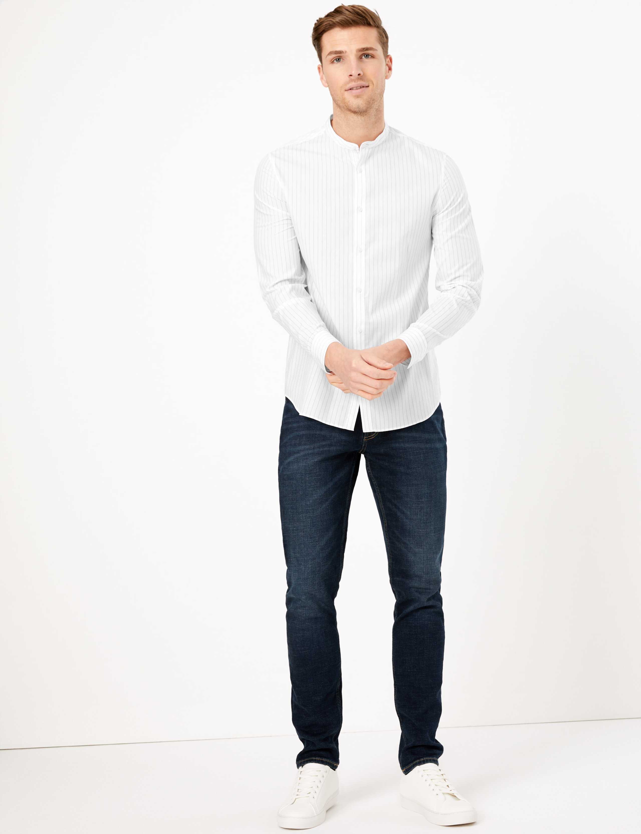 Pure Cotton Striped Grandad Slim Fit Shirt 1 of 5