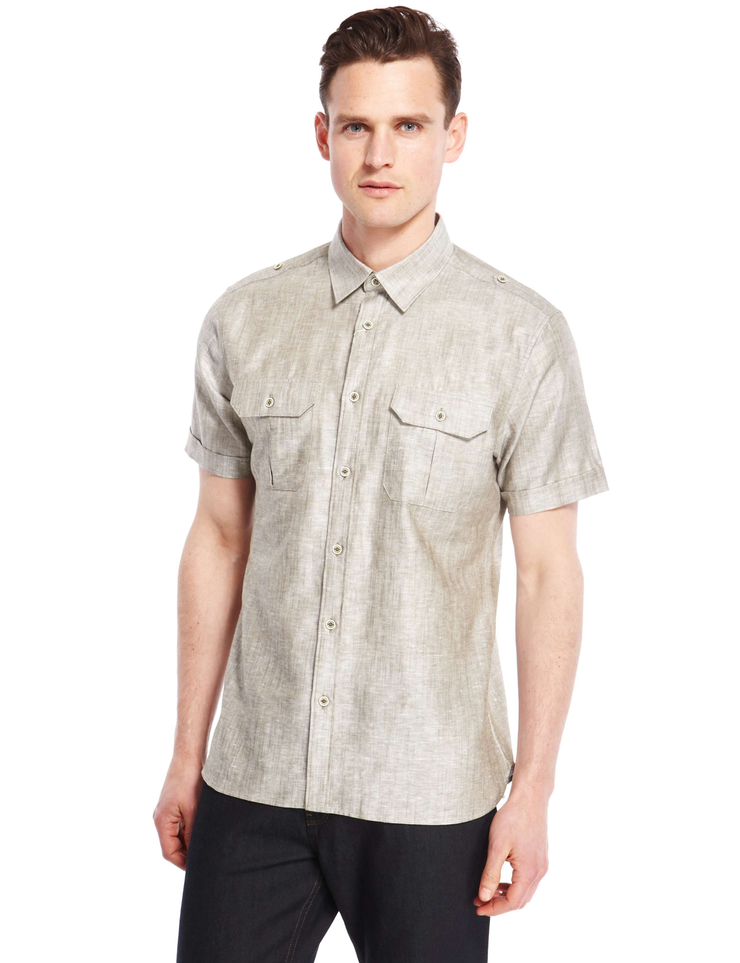 Linen Blend Slim Fit Military Shirt 1 of 4