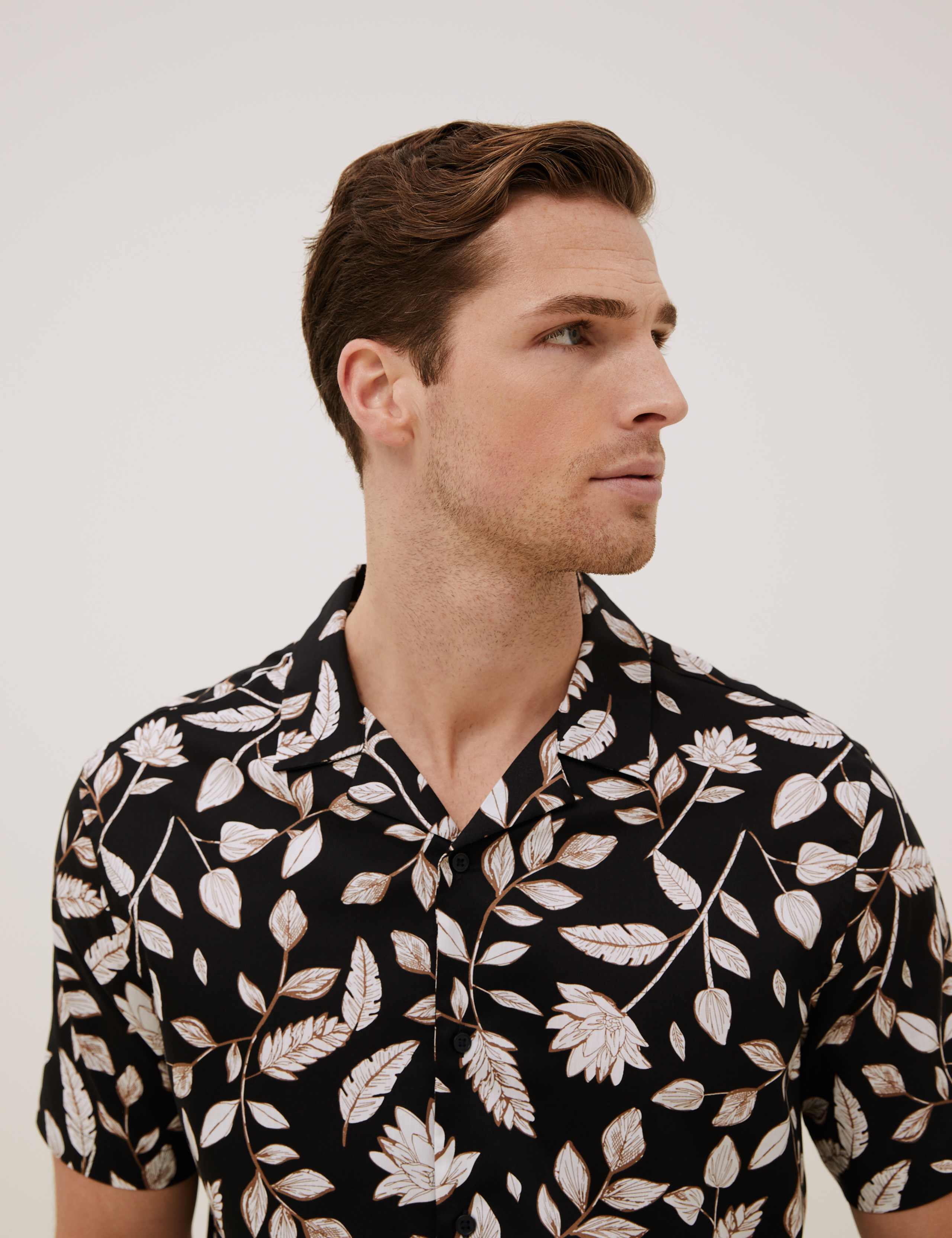 Cotton Leaf Print Cuban Collar Shirt 1 of 8