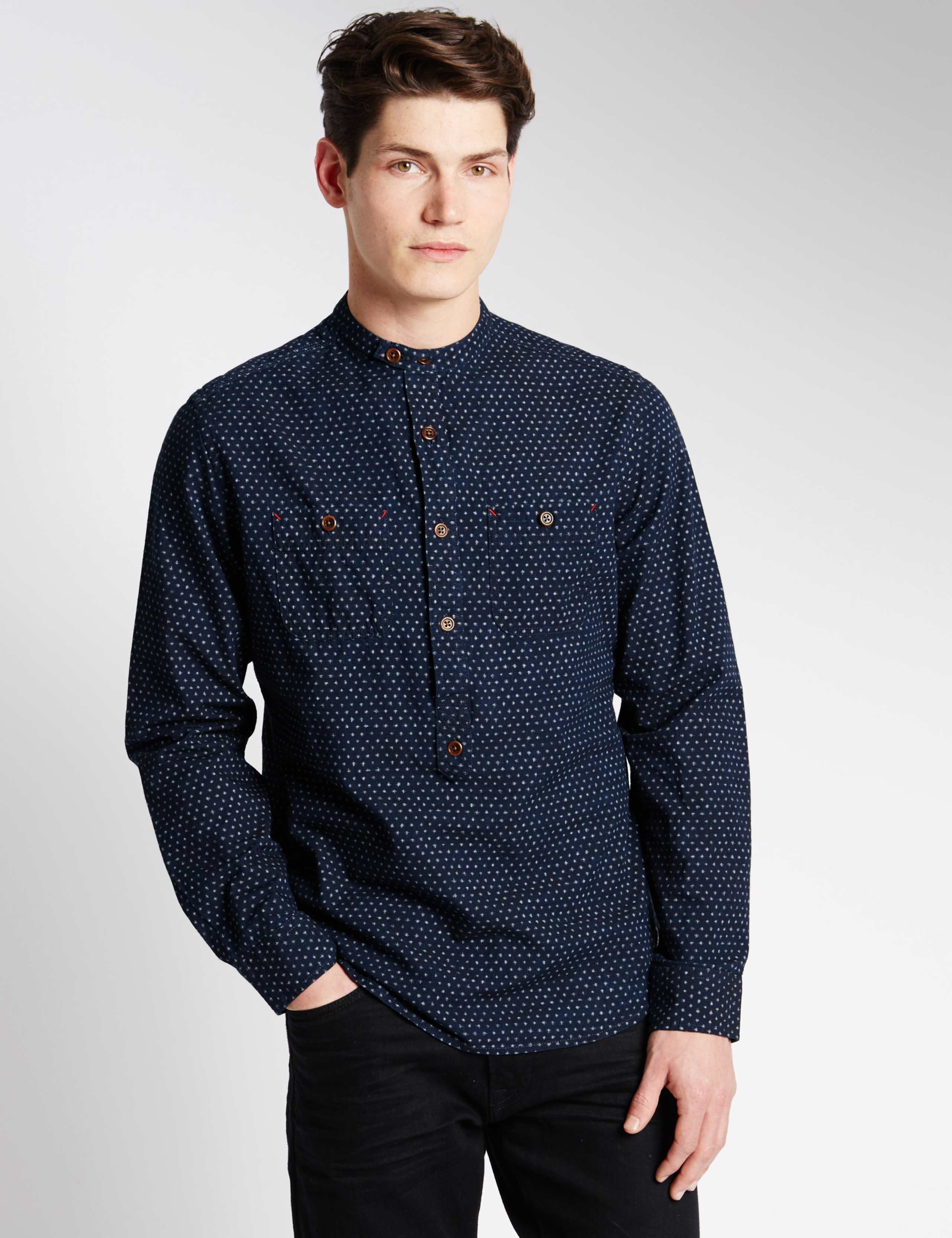 Pure Cotton Tailored Fit Geometric Print Granddad Collar Shirt 1 of 6