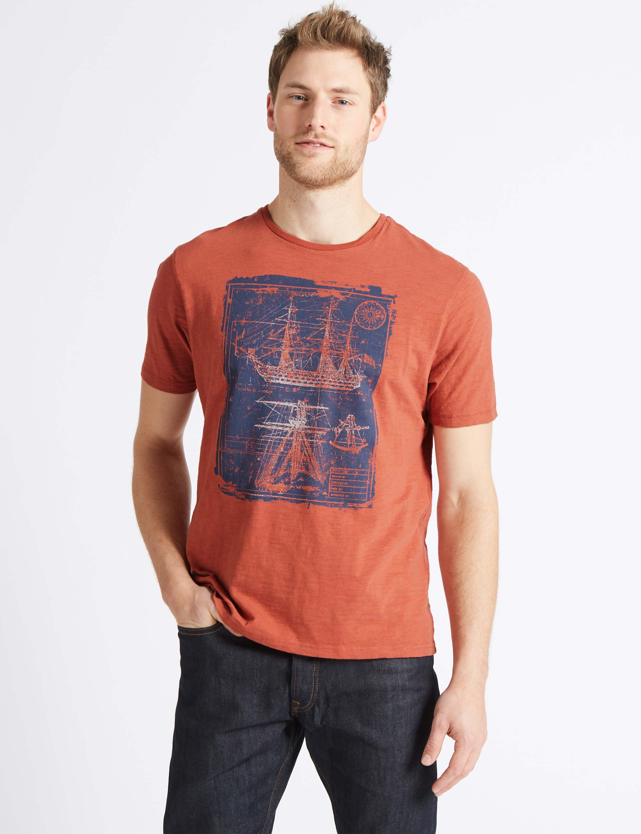 Pure Cotton Boat Design Crew Neck T-Shirt 1 of 3