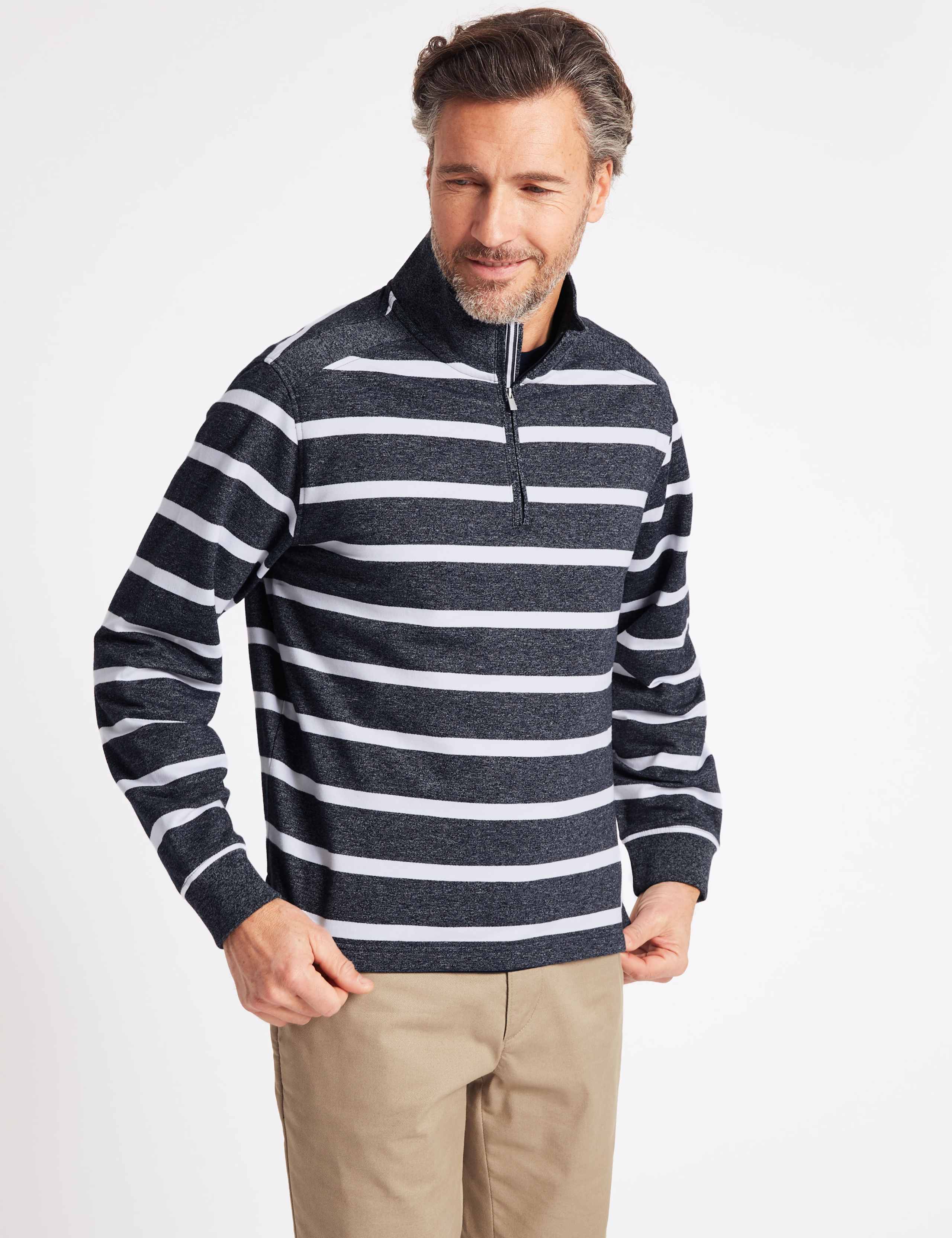 Cotton Rich Striped Half Zipped Sweatshirt 1 of 4