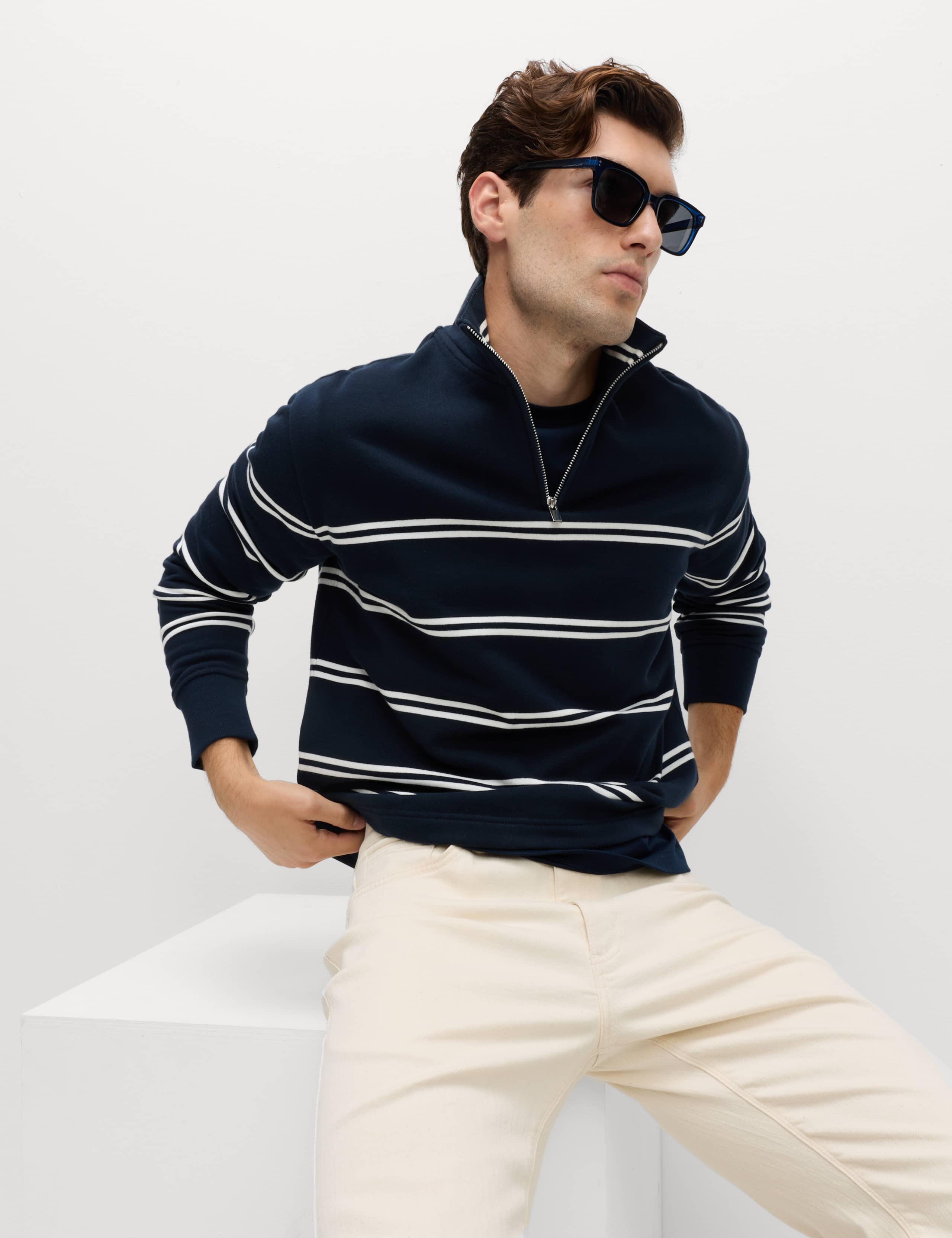 Pure Cotton Striped Half Zip Sweatshirt 1 of 5