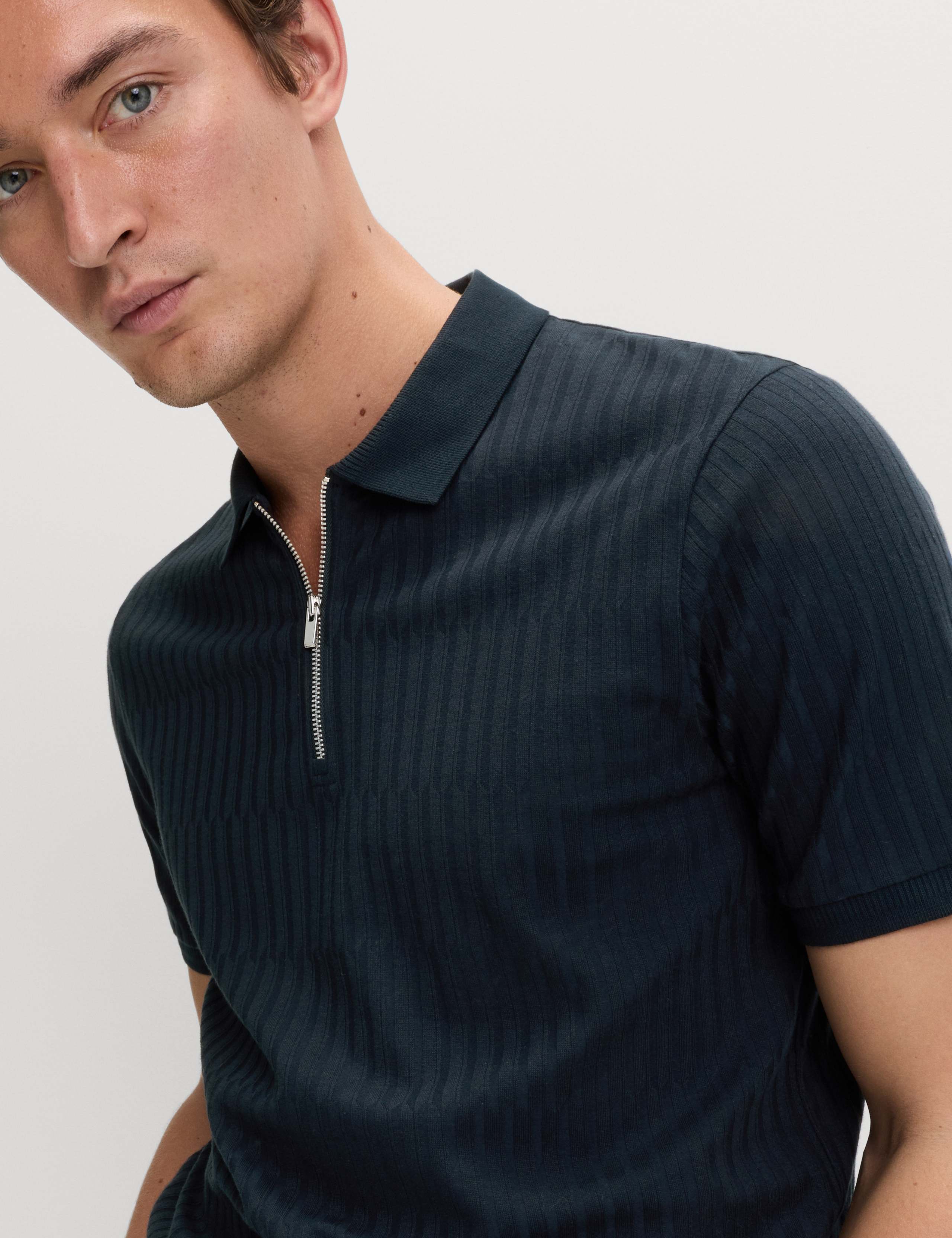 Cotton Rich Jacquard Zip Up Polo Shirt 1 of 6