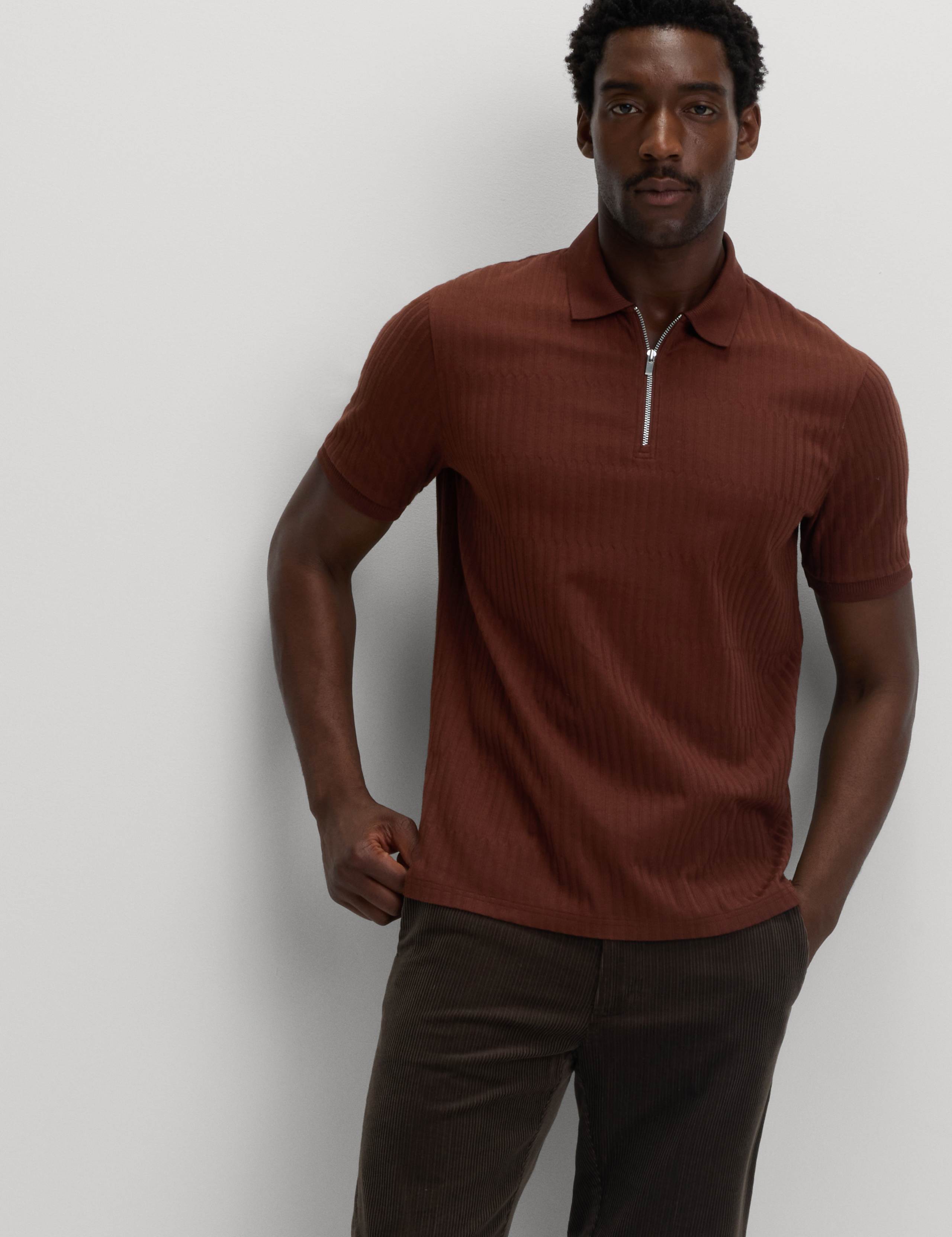 Cotton Rich Jacquard Zip Up Polo Shirt 3 of 5