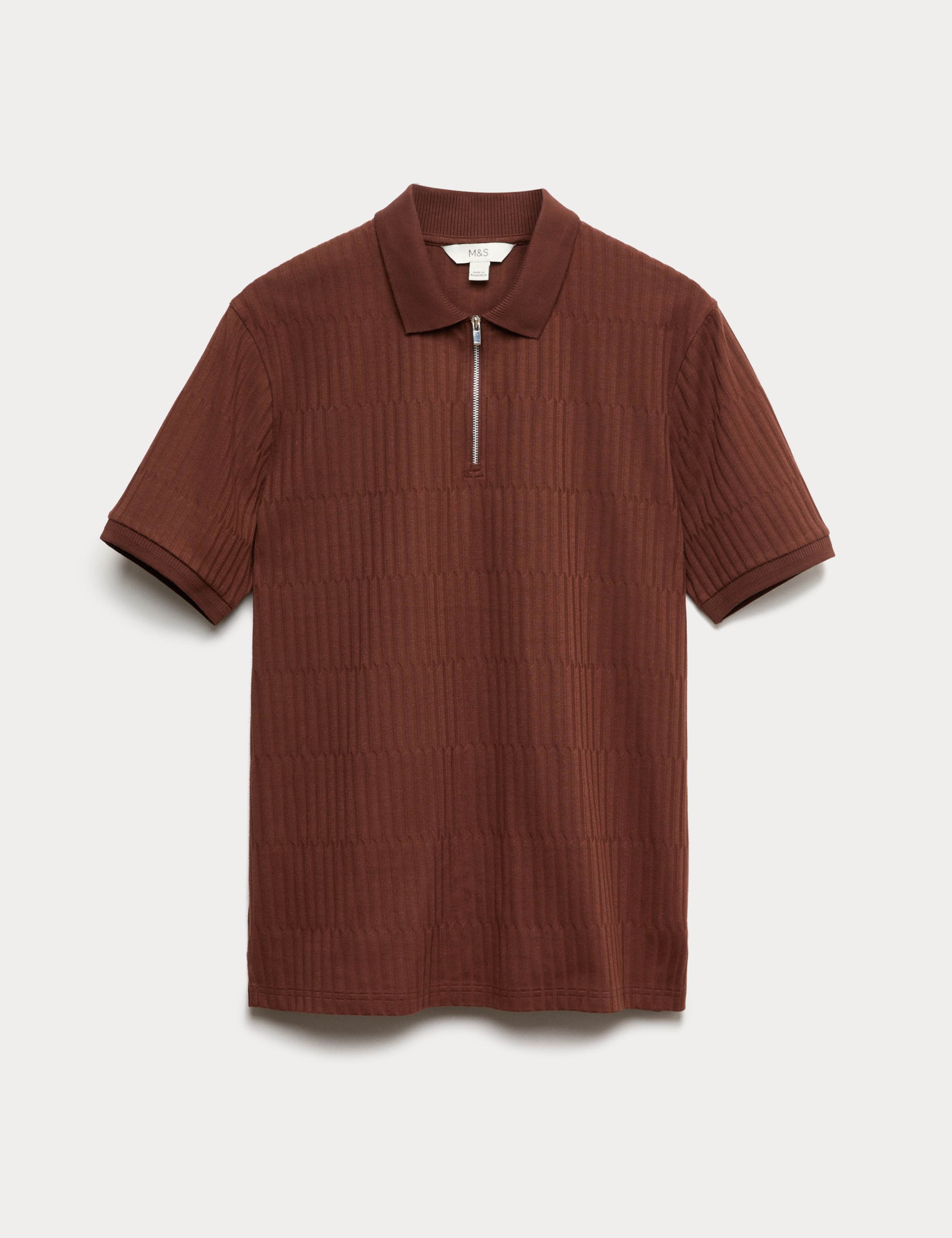 Cotton Rich Jacquard Zip Up Polo Shirt 2 of 5